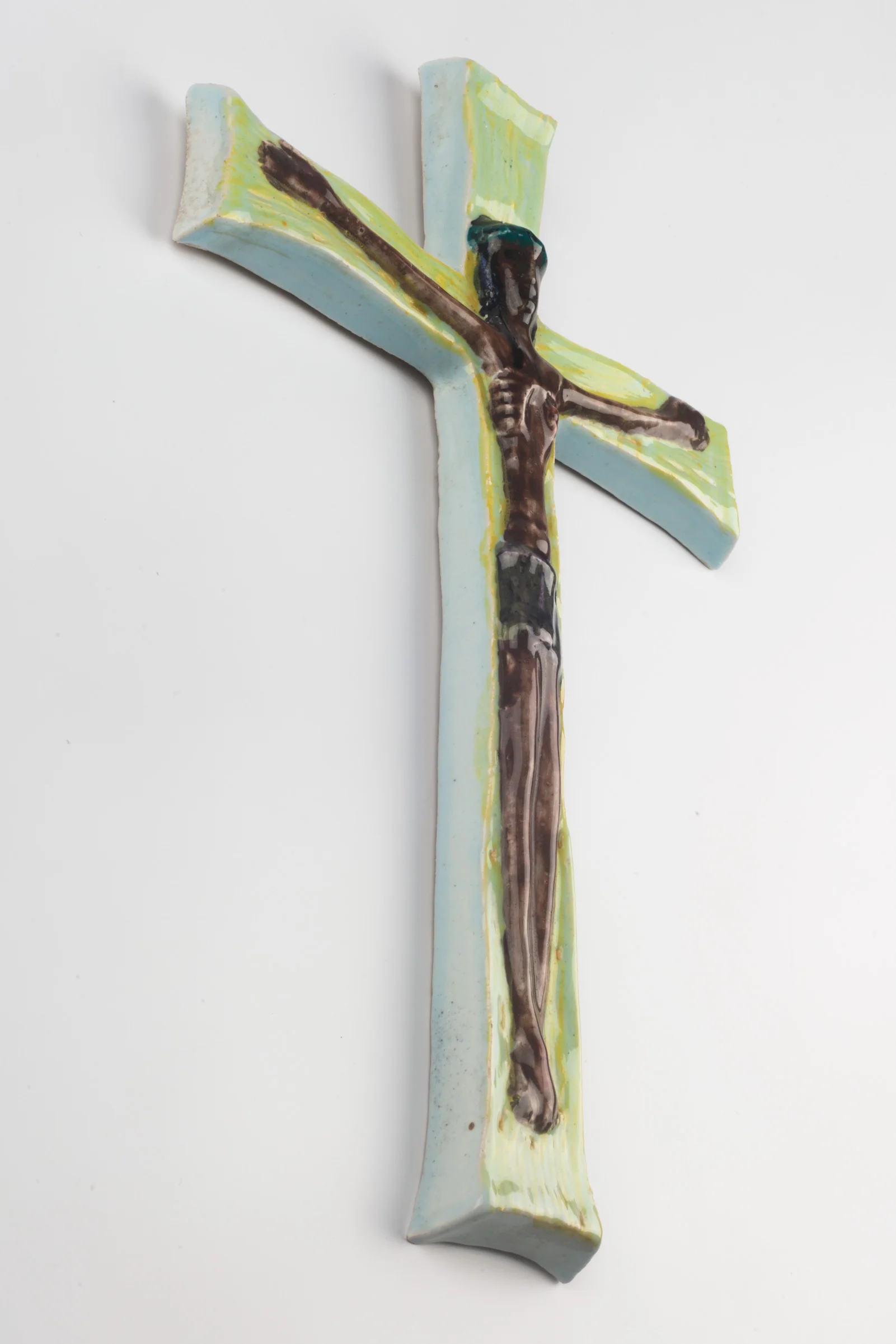Wall Cross, Green, Brown Painted Ceramic, Handmade in Belgium 1960s