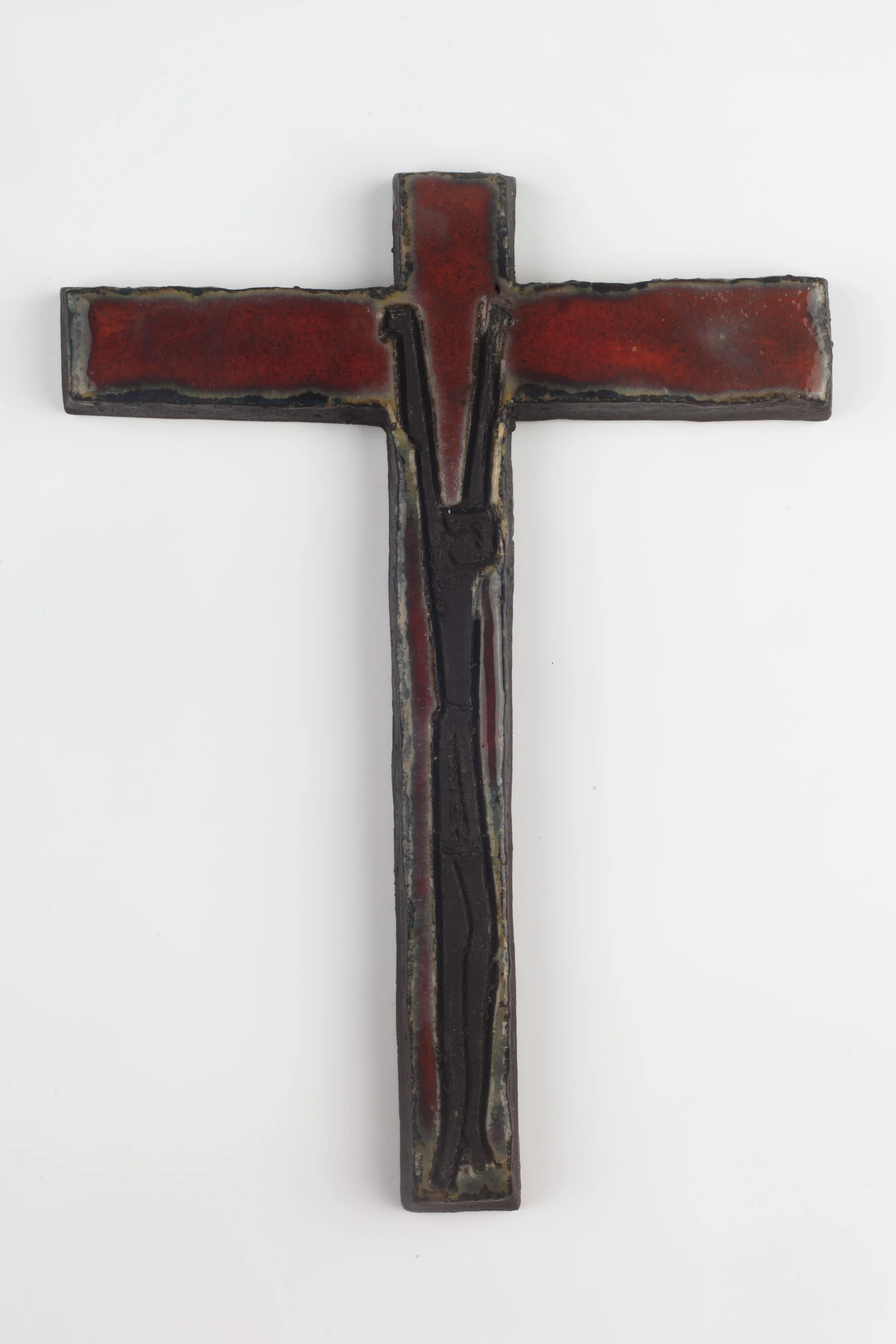 Wall Cross, Red, Black Painted Ceramic, Handmade in Belgium 1960s