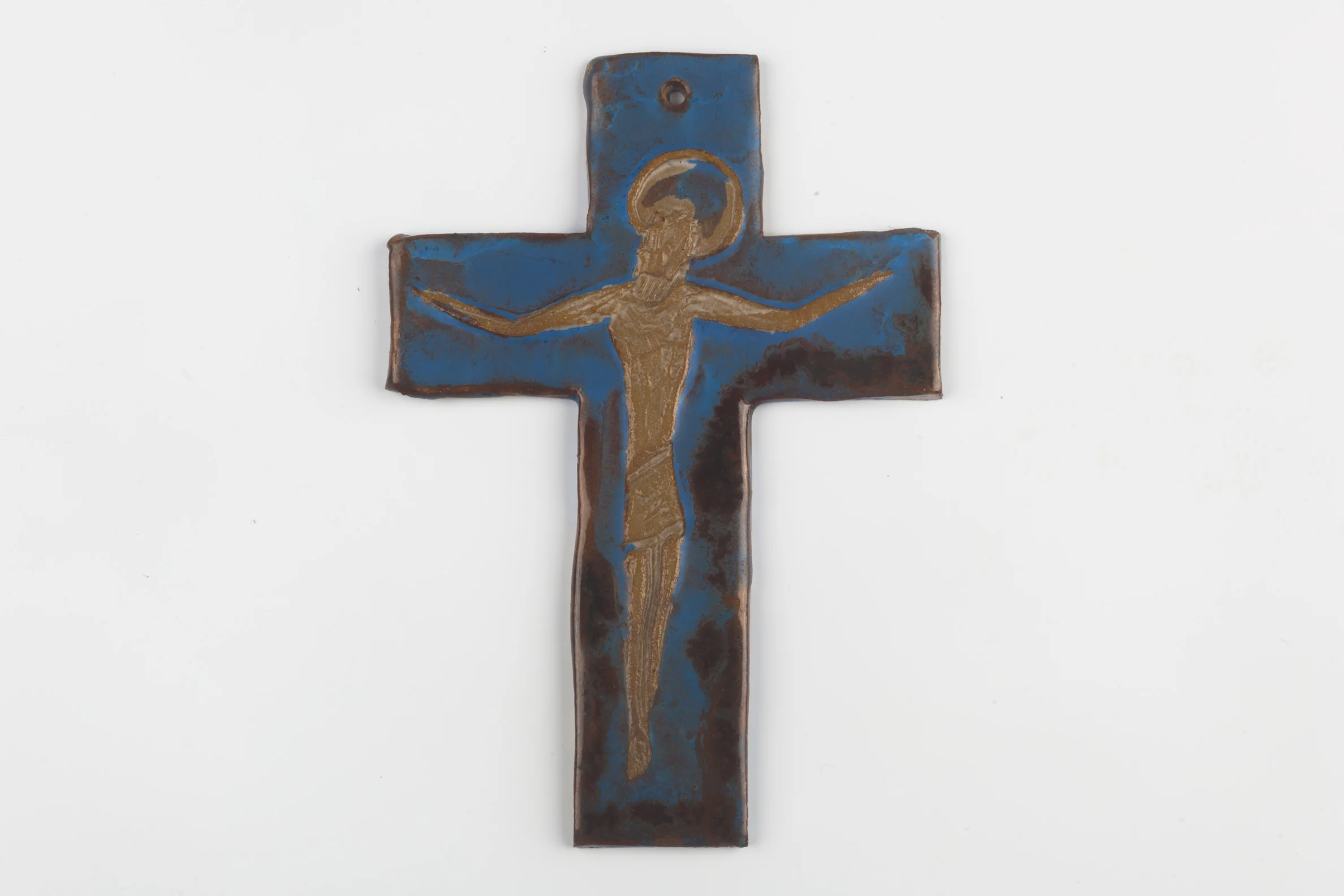 Wall Cross, Blue, Black, Brown Painted Ceramic, Handmade in Belgium 1960s