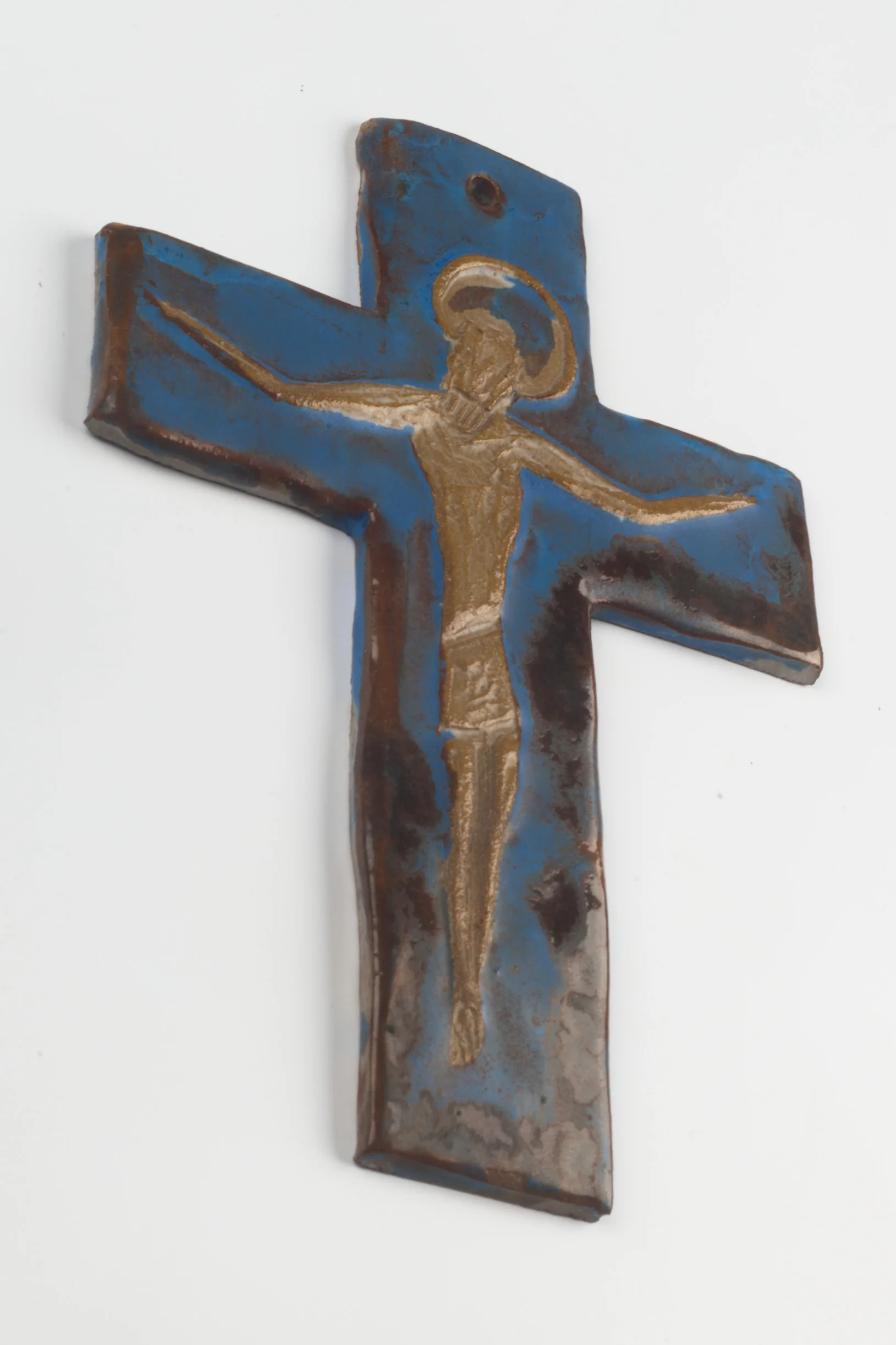 Wall Cross, Blue, Black, Brown Painted Ceramic, Handmade in Belgium 1960s