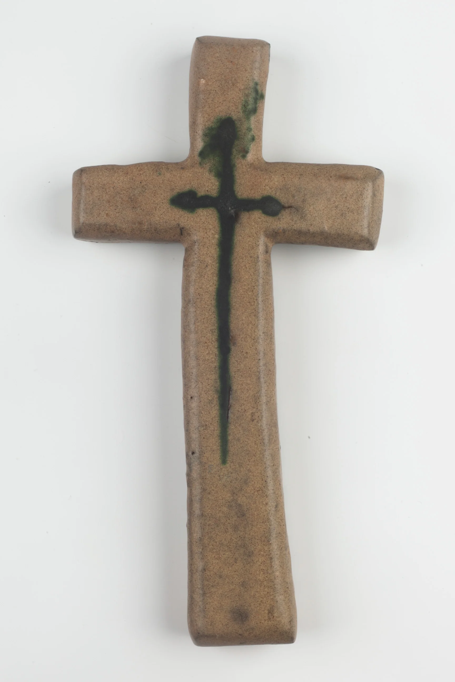 Wall Cross, Beige and Blue Painted Ceramic, Handmade in Belgium 1970s