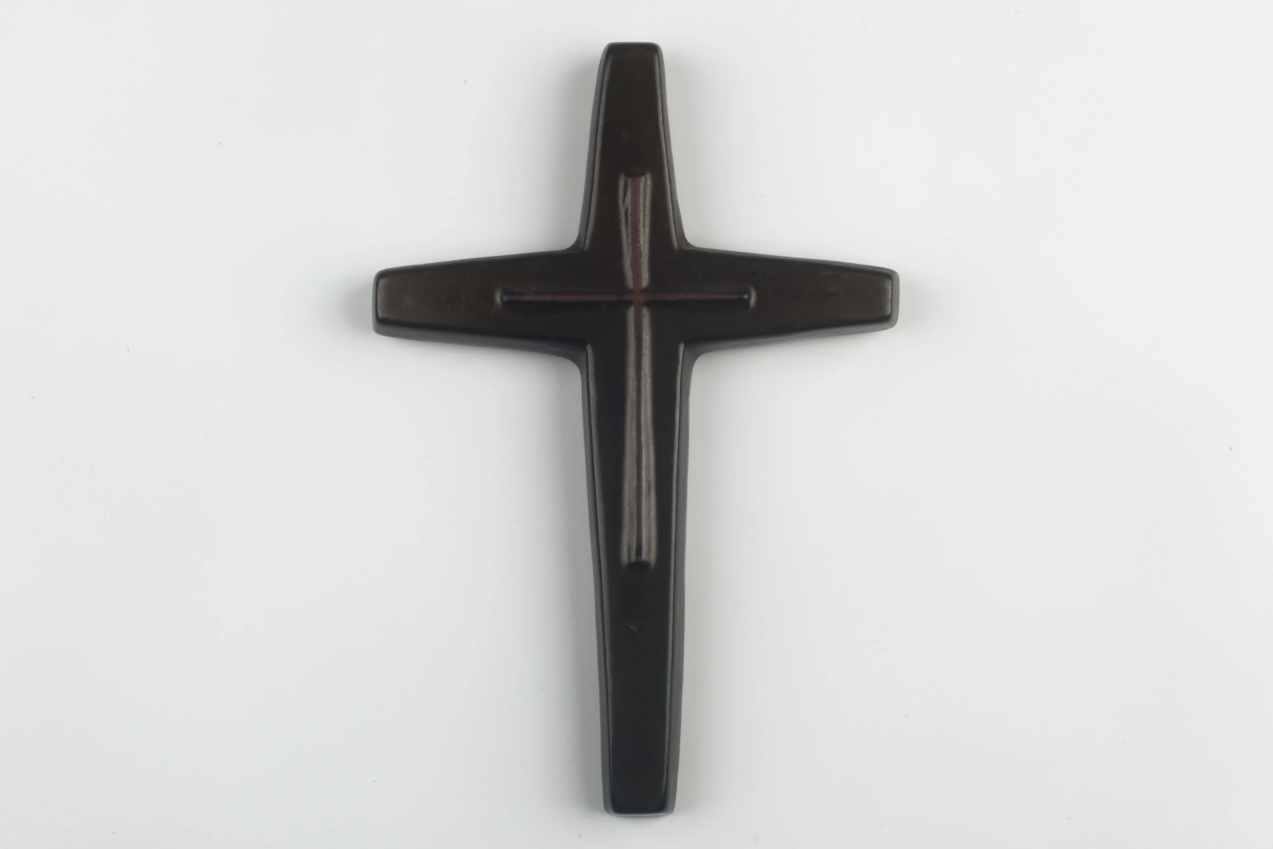 Wall Cross, Dark Brown Painted Ceramic, Handmade in Belgium 1950s