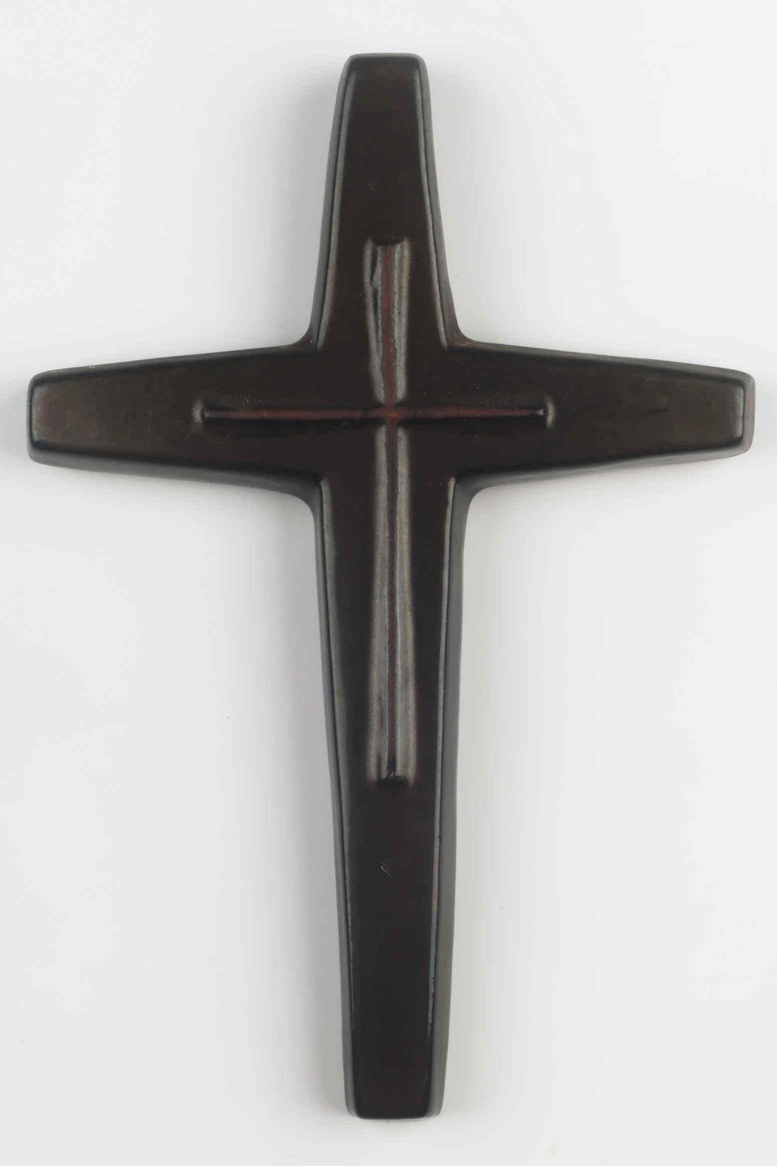 Wall Cross, Dark Brown Painted Ceramic, Handmade in Belgium 1950s
