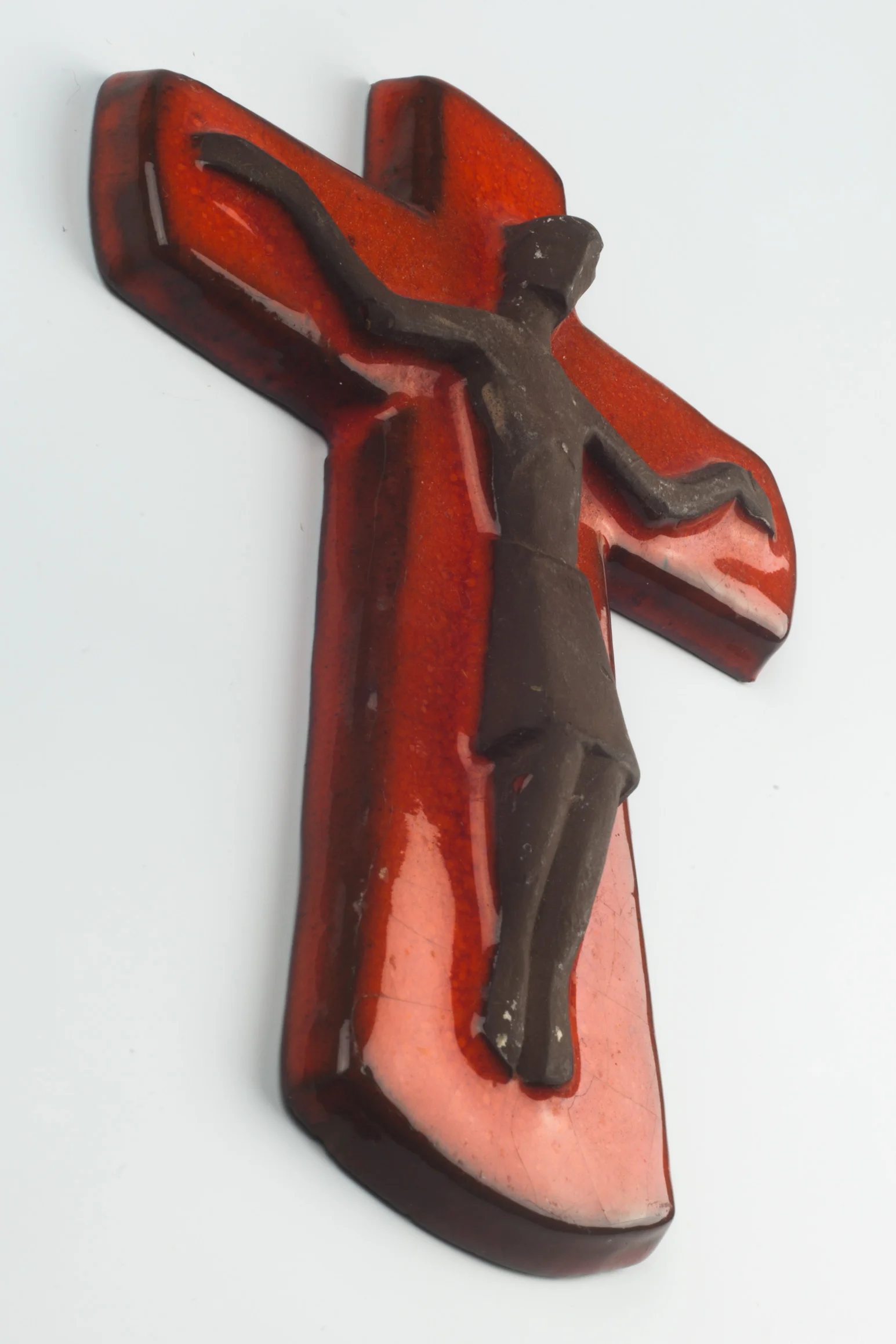 Wall Cross, Brown and Orange Painted Ceramic, Handmade in Belgium 1960s