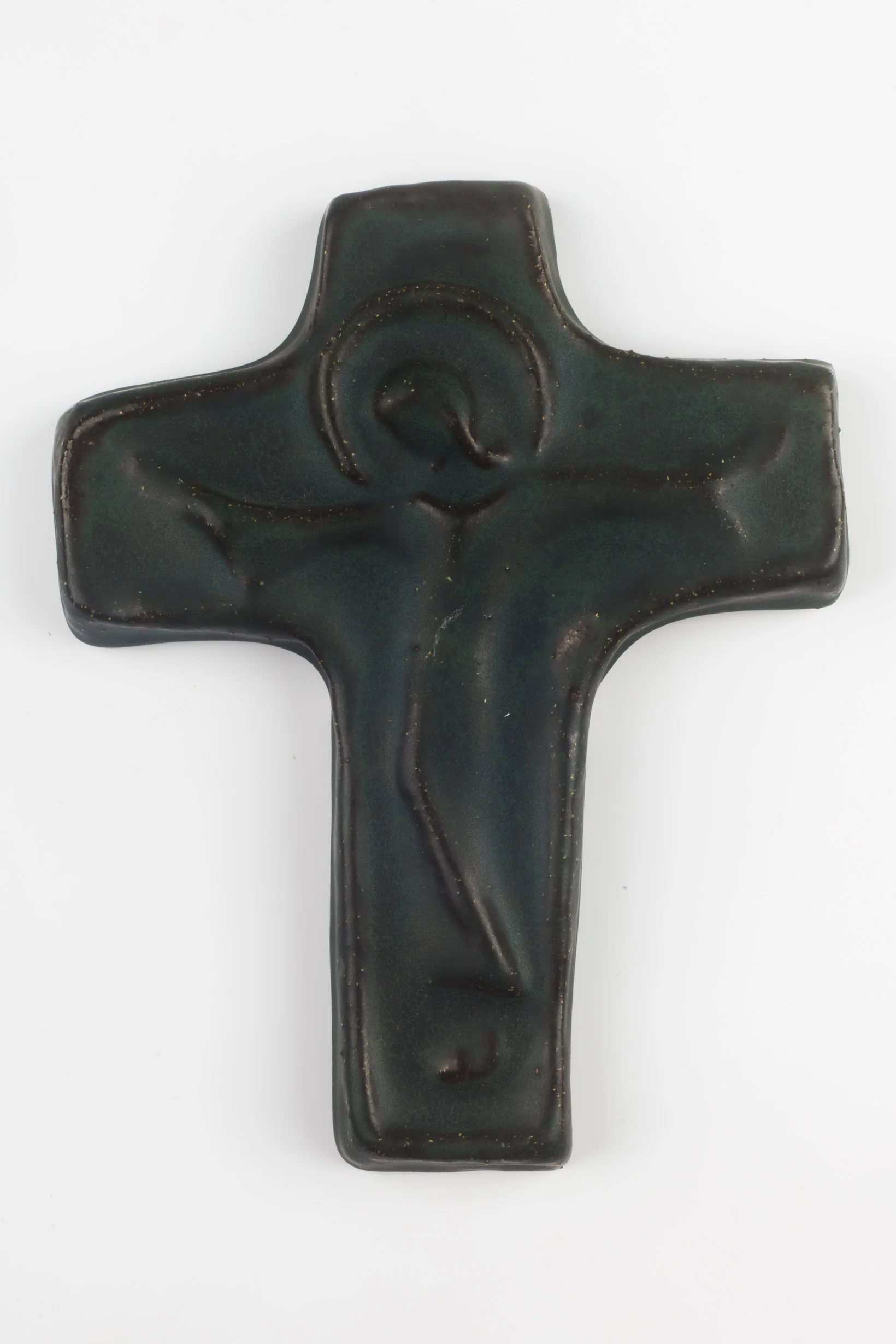 Wall Cross, Dark Blue Painted Ceramic, Handmade in Belgium 1970s