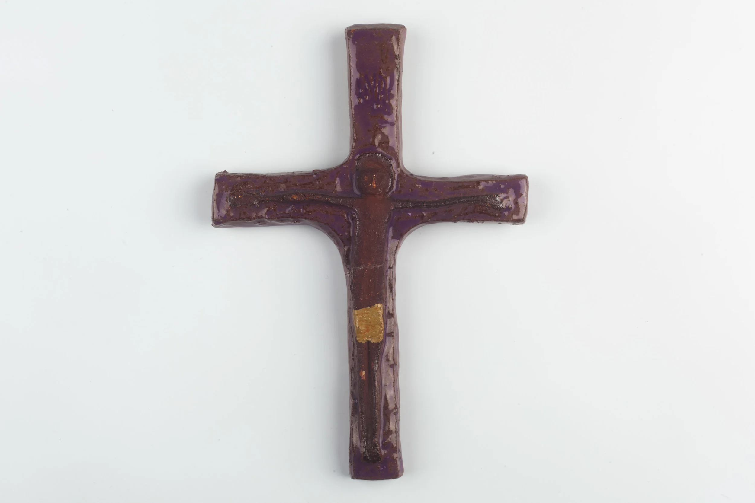 Wall Cross, Purple, Brown and Yellow Painted Ceramic, Handmade in Belgium 1970s