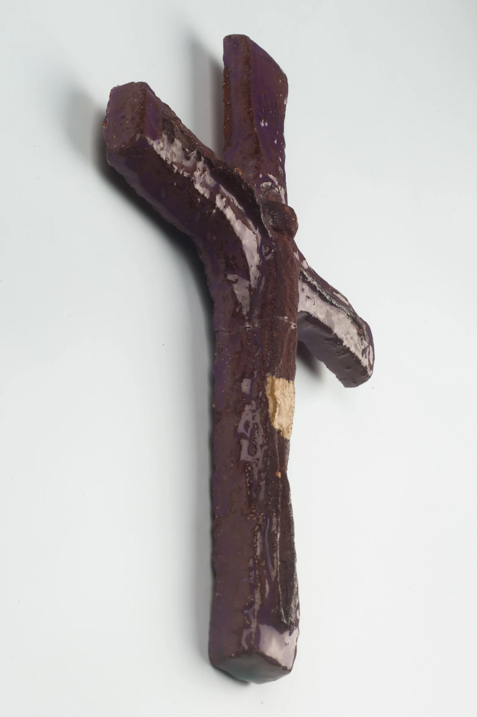 Wall Cross, Purple, Brown and Yellow Painted Ceramic, Handmade in Belgium 1970s