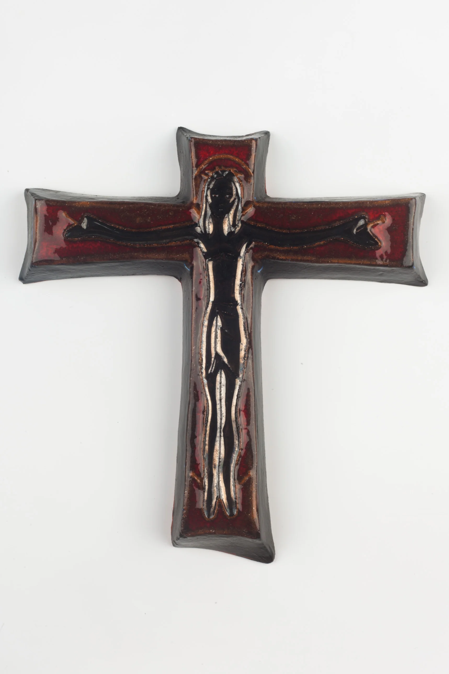 Wall Cross, Dark Red and Black Painted Ceramic, Handmade in Belgium, Belgium 1970s