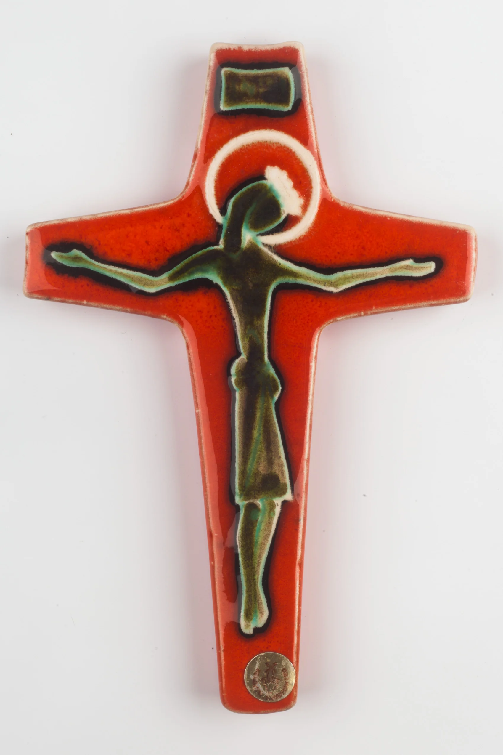 Wall Cross, Green, Orange Painted Ceramic, Handmade in Belgium 1960s