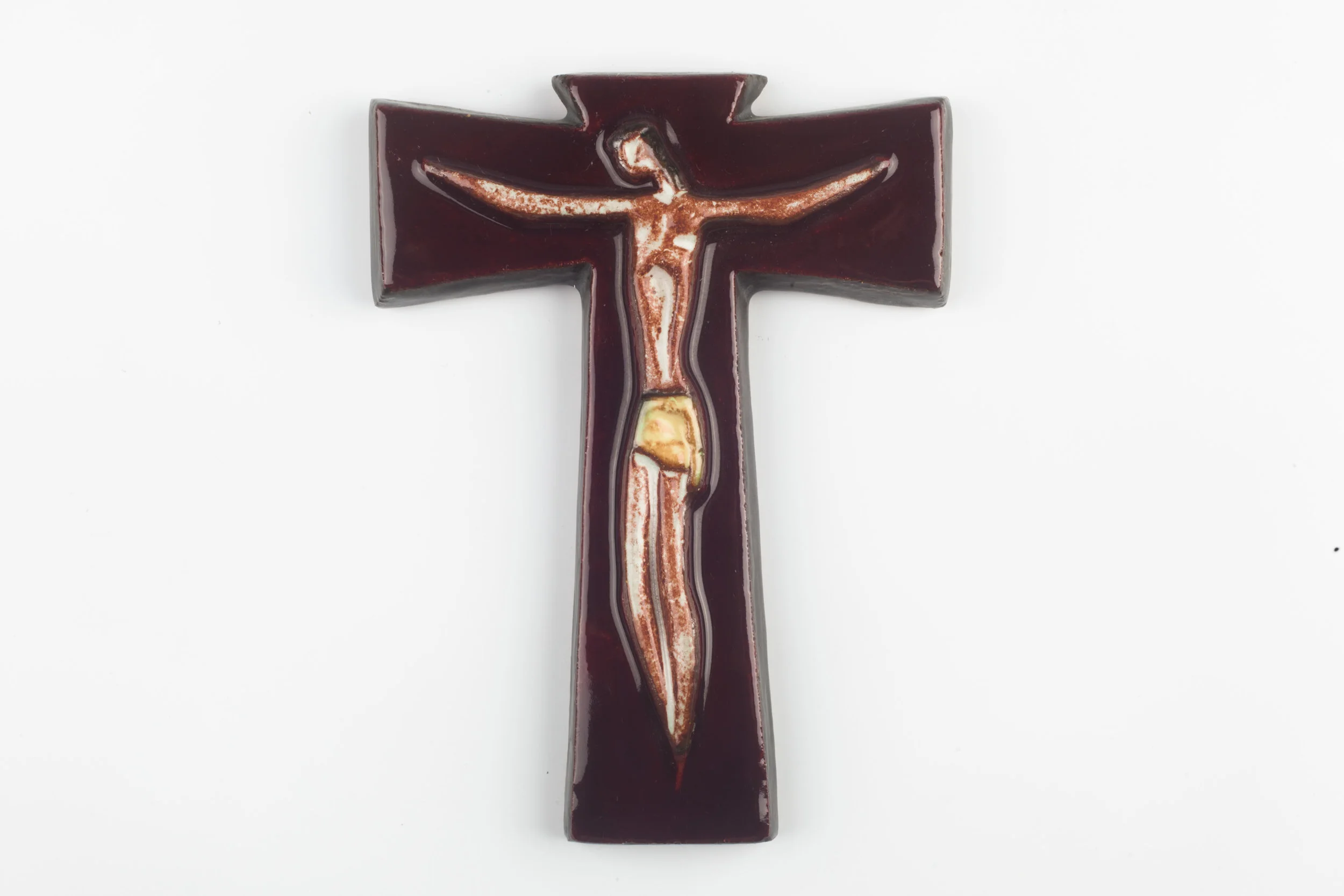 Wall Cross, Brown, White, Painted Ceramic, Handmade in Belgium 1970s