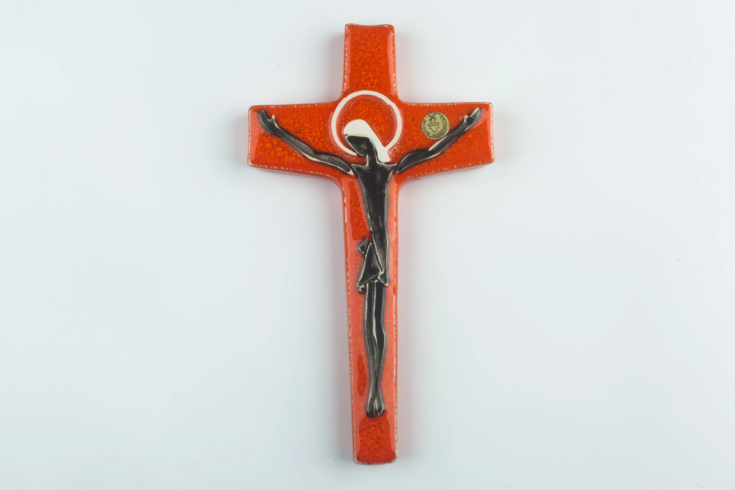 Wall Cross, Orange, Painted Ceramic, Handmade in Belgium 1960s