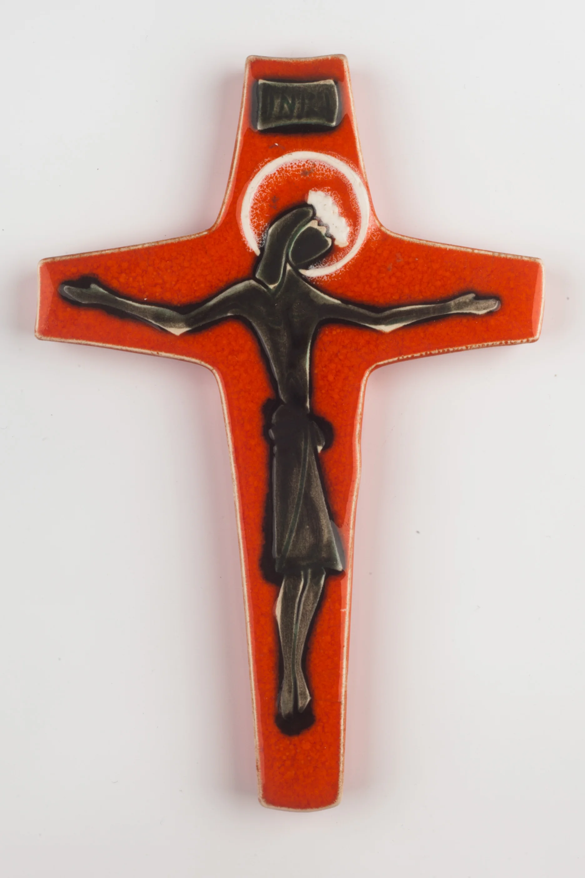 Wall Cross, Orange, Painted Ceramic, Handmade in Belgium 1960s