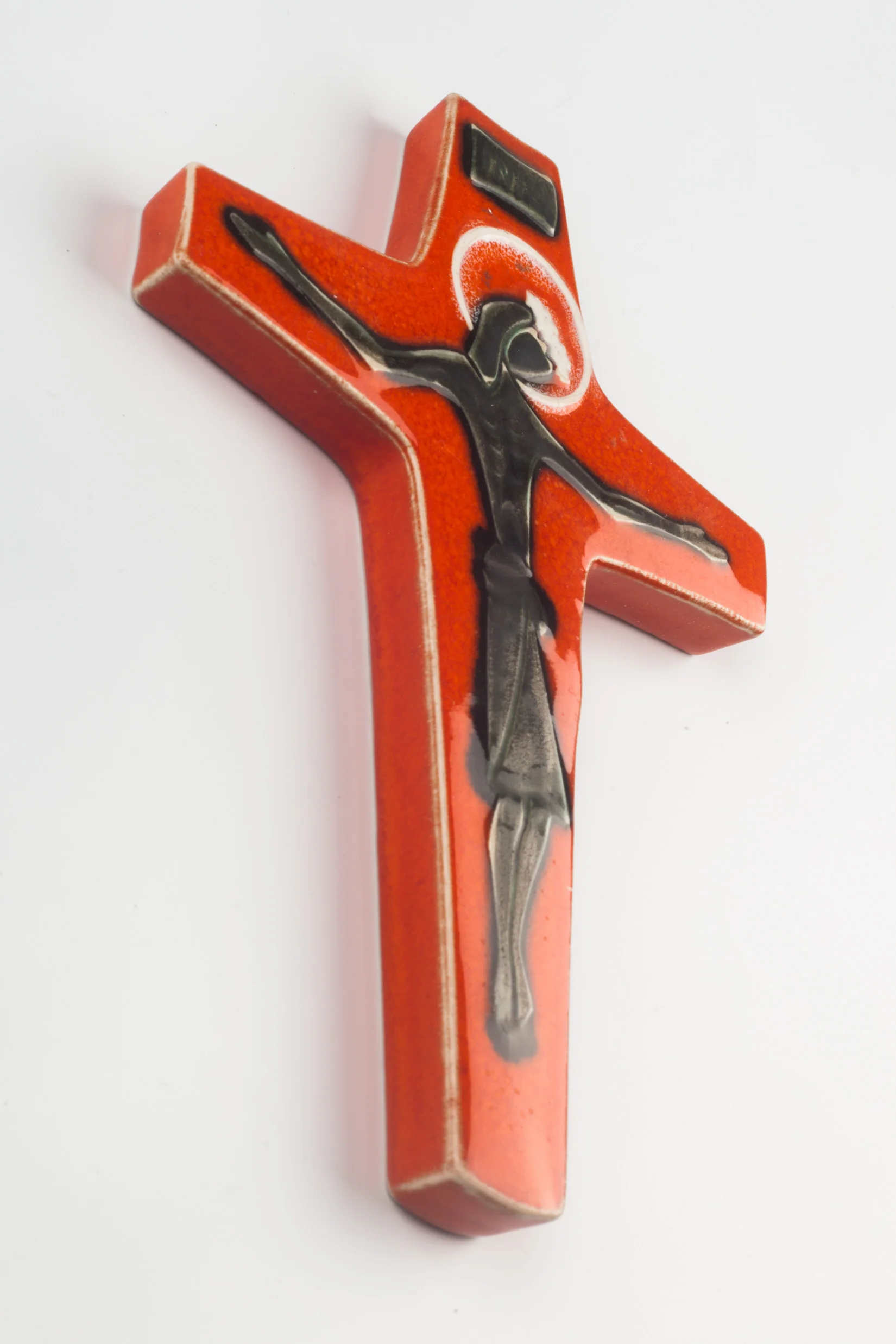 Wall Cross, Orange, Painted Ceramic, Handmade in Belgium 1960s