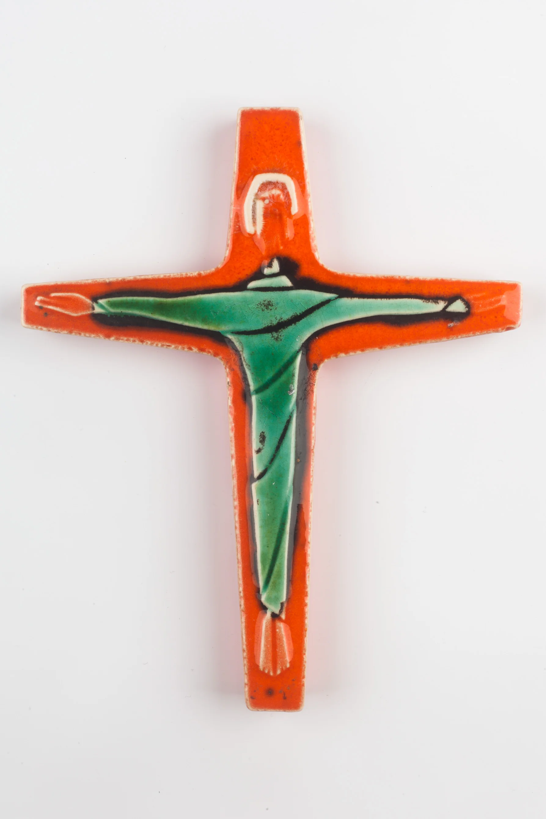 Wall Cross, Orange, Green Painted Ceramic, Handmade in Belgium 1960s