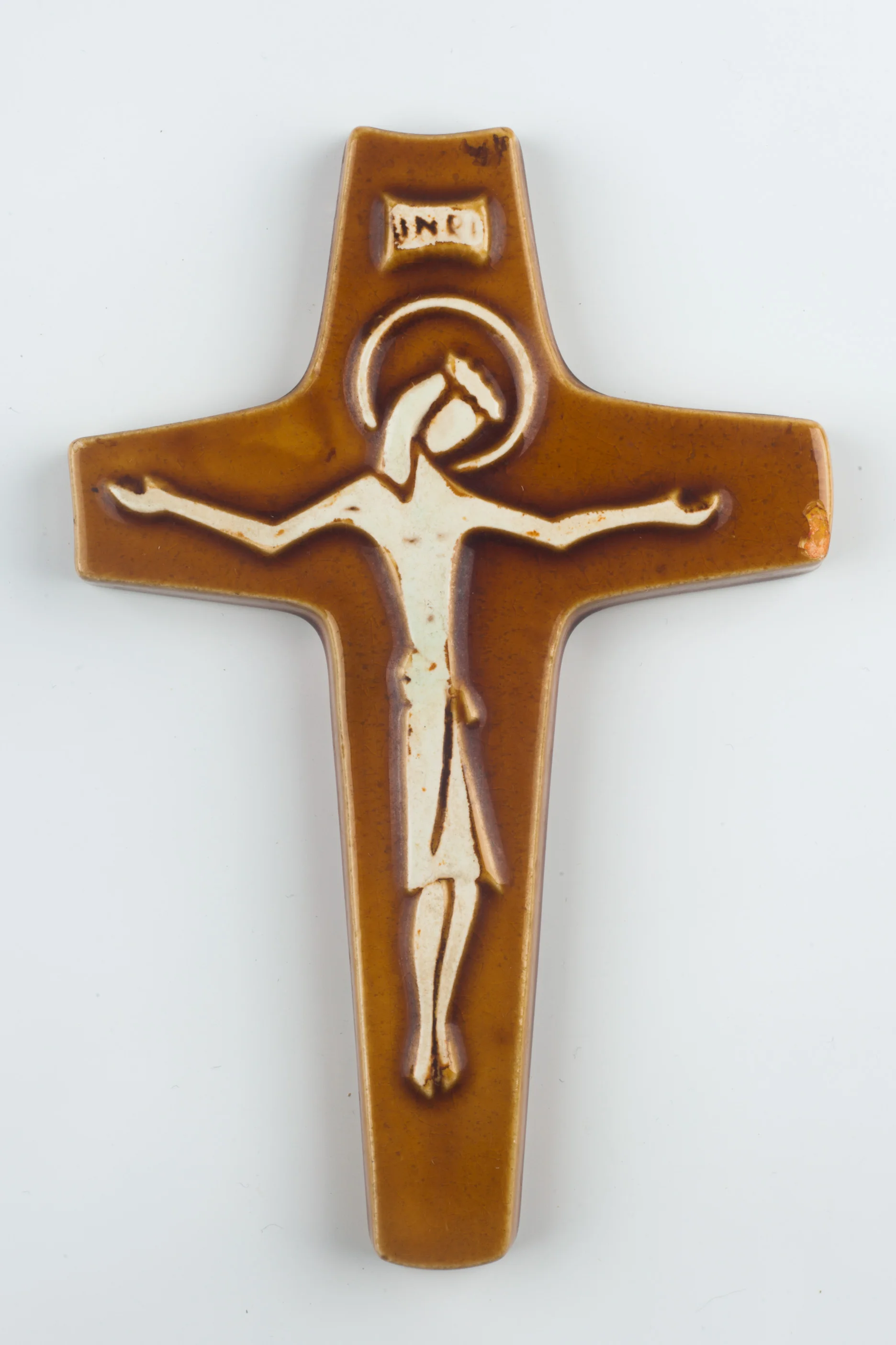 Wall Cross, Brown, White Painted Ceramic, Handmade in Belgium 1960s
