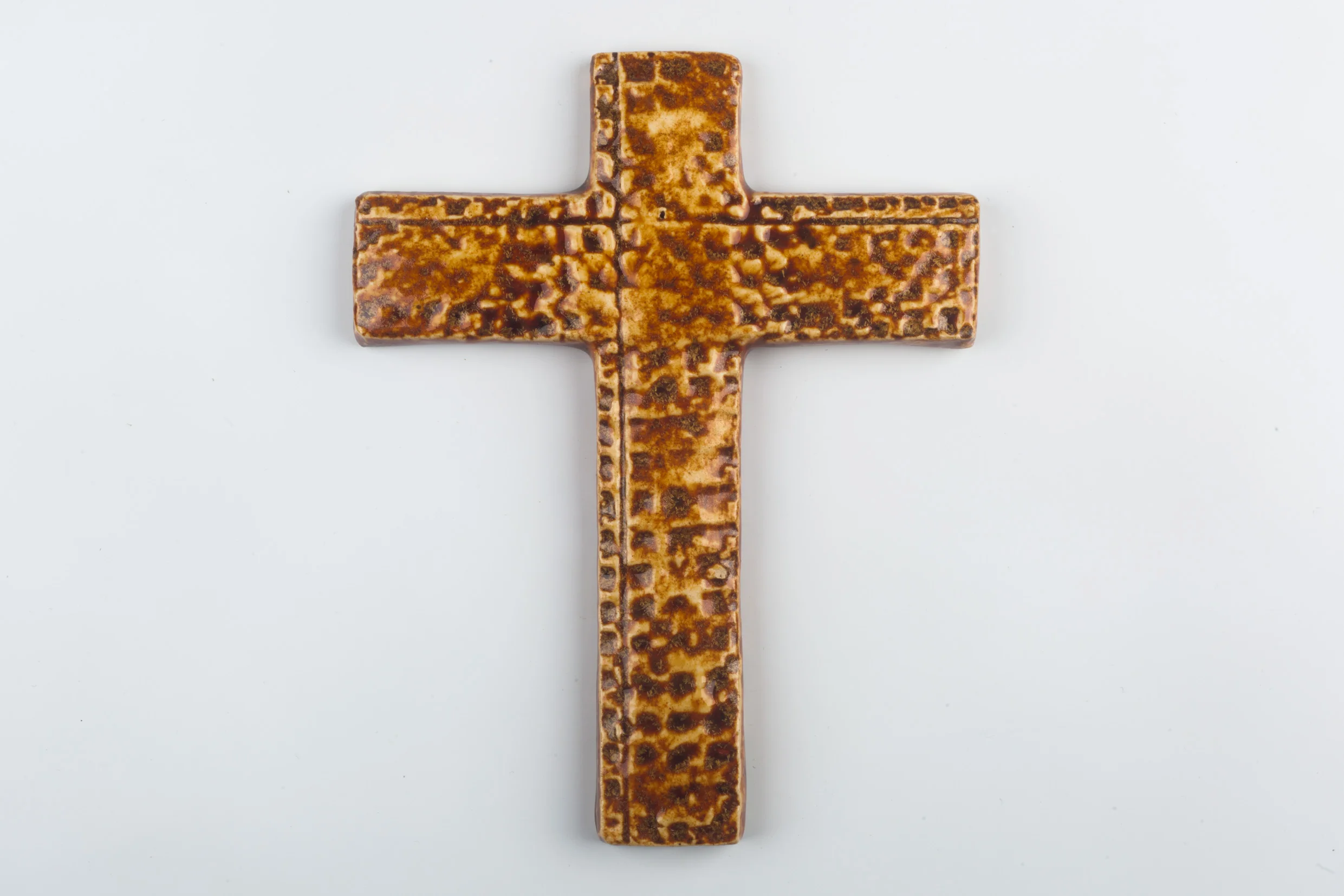 Wall Cross, Brown, Beige Painted Ceramic, Handmade in Belgium 1960s