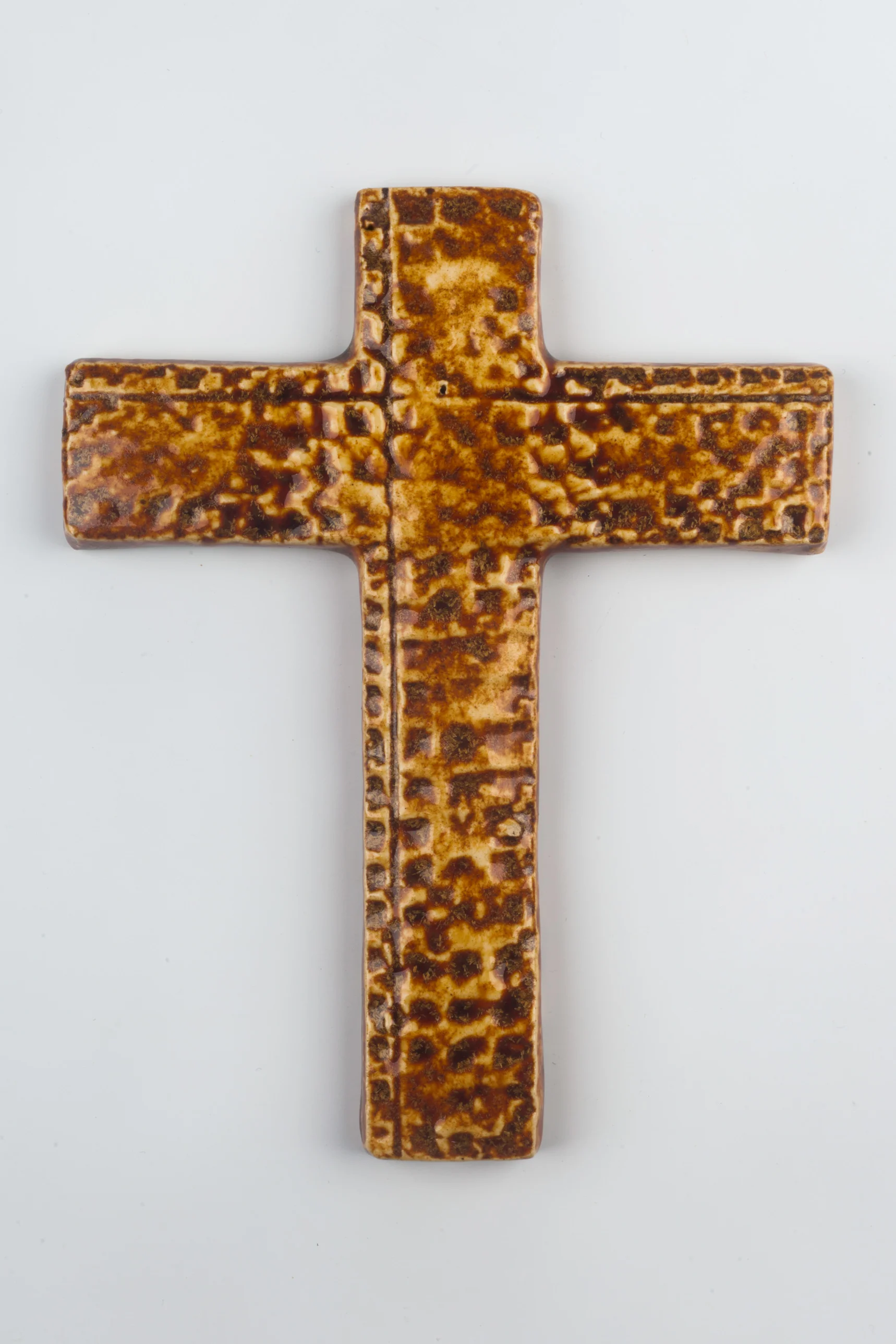 Wall Cross, Brown, Beige Painted Ceramic, Handmade in Belgium 1960s