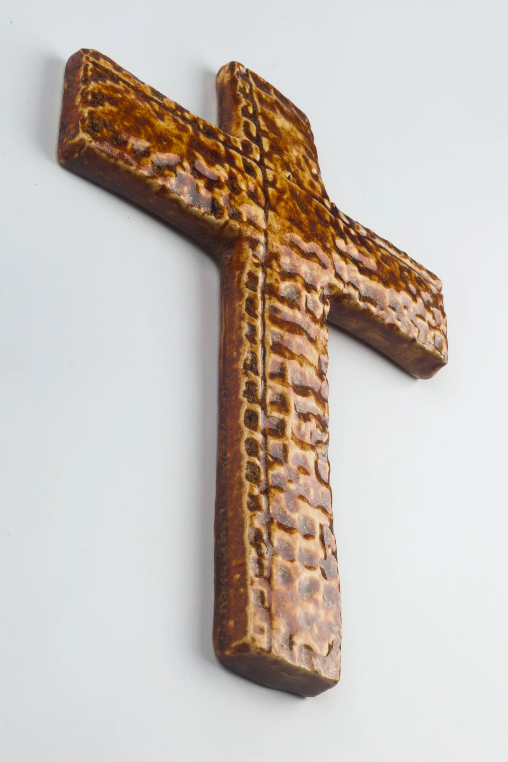 Wall Cross, Brown, Beige Painted Ceramic, Handmade in Belgium 1960s