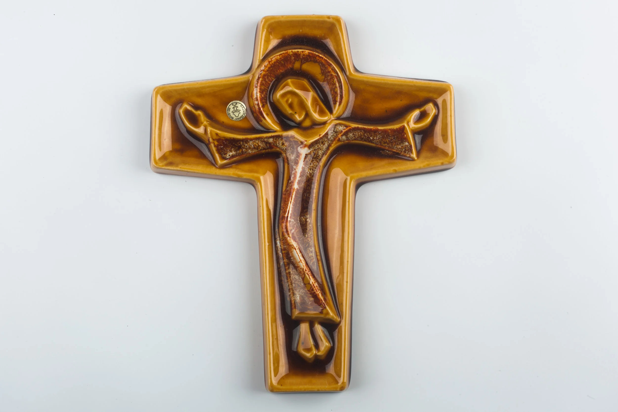 Wall Cross, Brown, Beige Painted Ceramic, Handmade in Belgium 1960s