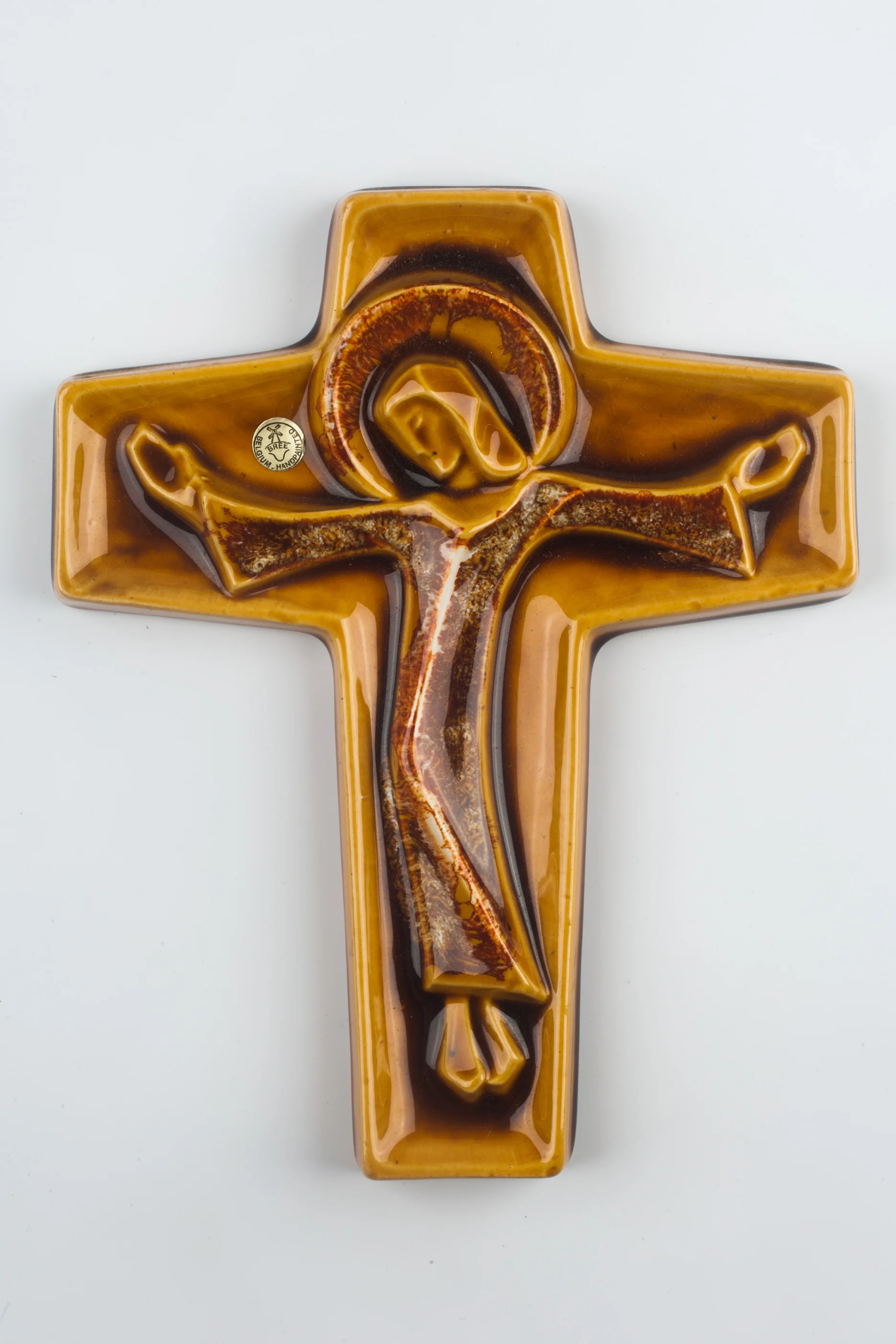 Wall Cross, Brown, Beige Painted Ceramic, Handmade in Belgium 1960s