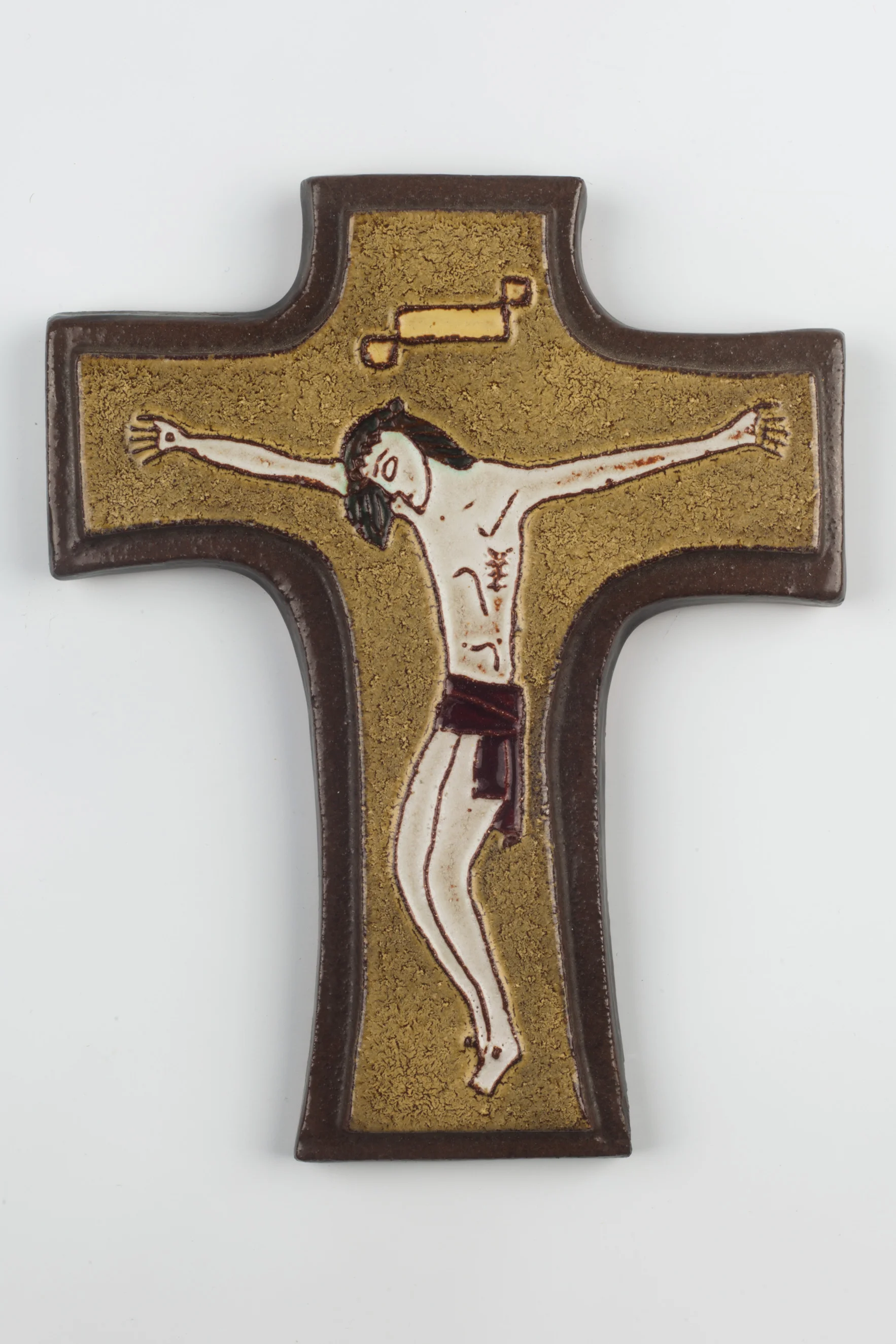 Wall Cross, Brown, Beige Painted Ceramic, Handmade in Belgium 1960s