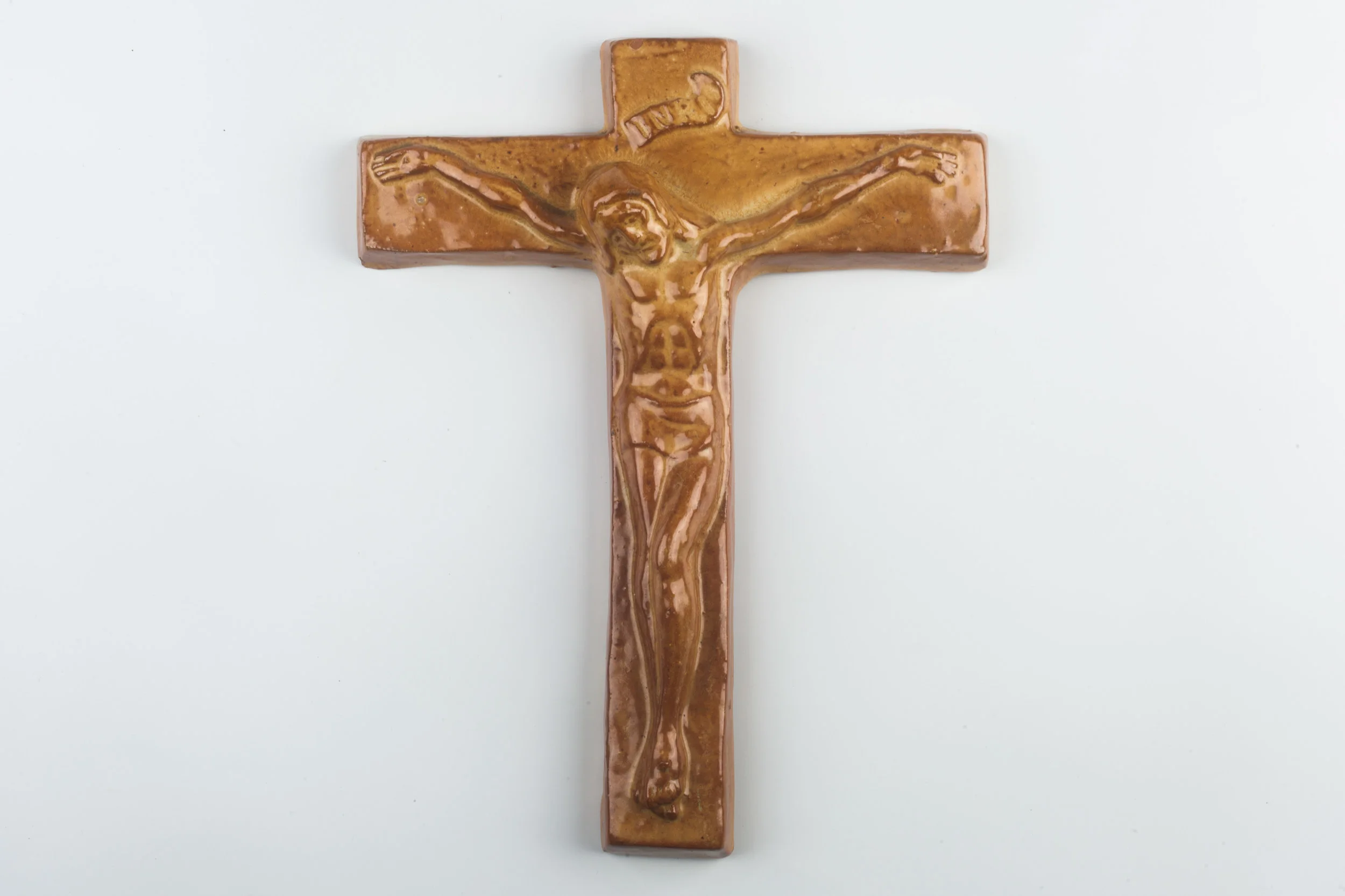 Wall Cross, Beige, Brown Painted Ceramic, Handmade in Belgium 1960s
