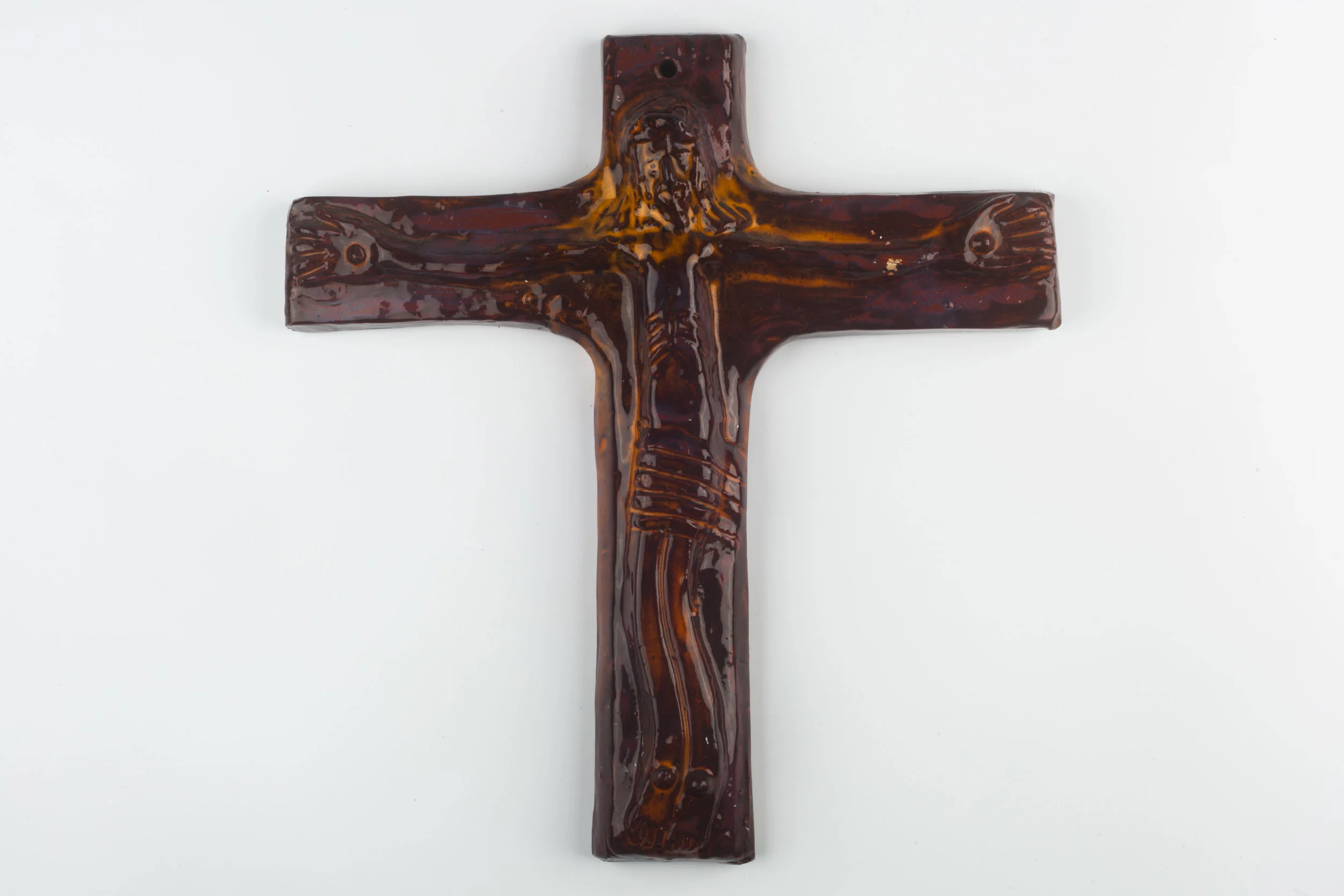 Wall Cross, Brown, Yellow Painted Ceramic, Handmade in Belgium 1960s