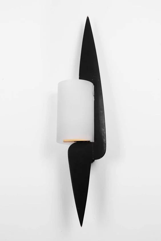 Pair of Arlus Sconces Bolt Shaped in Black Painted Wood and Glass, France, 1950s