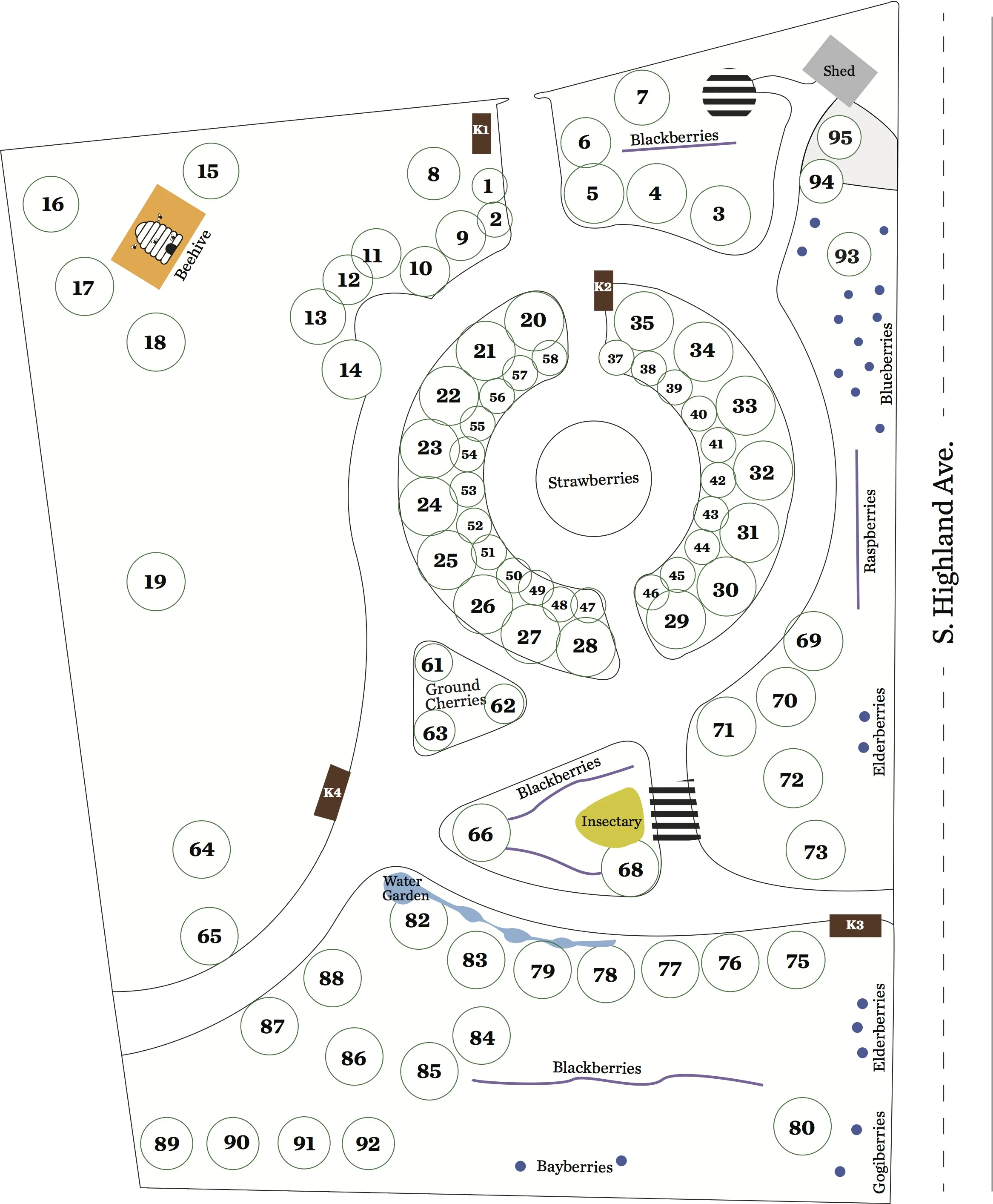 The Bloomington Community Orchard's layout was designed by a local artist and centers around a large, hearth-like strawberry patch.
