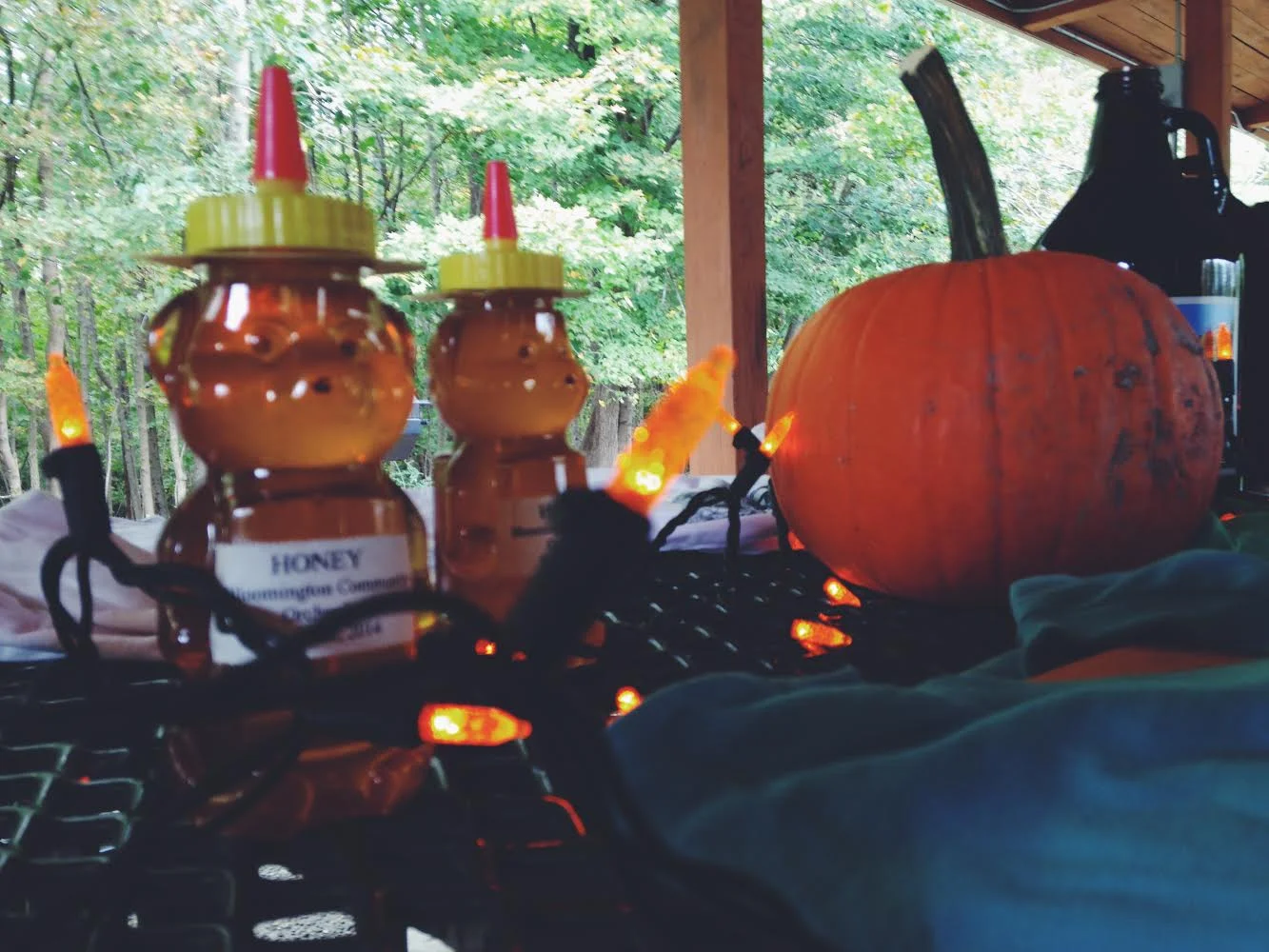 A volunteer beekeeper processes the honey from the Orchard's bees, & the honey bears are given away as door prizes.
