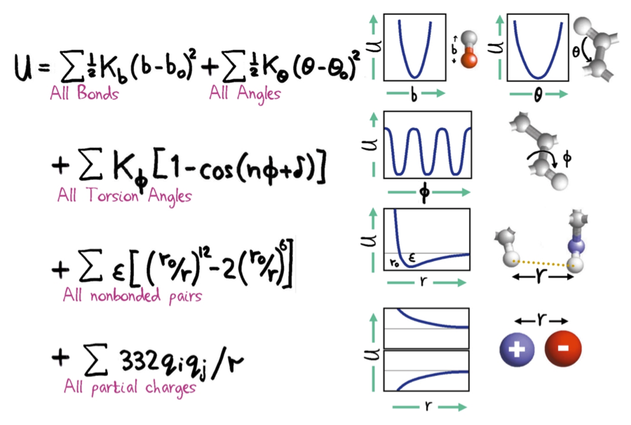 Figure 1 : Summary of interaction terms in a typical biomolecular force field. Reproduced from Reference 2 .