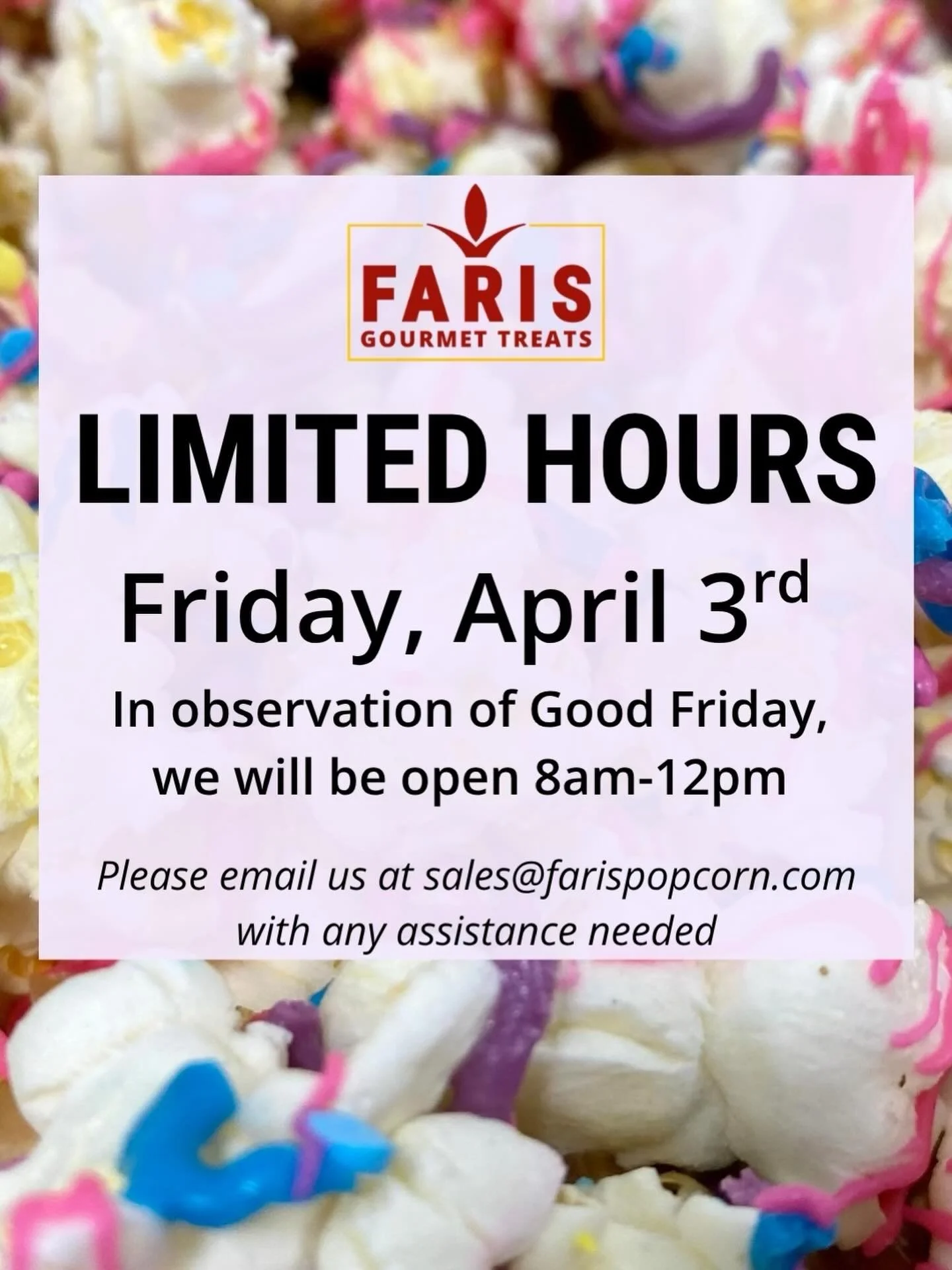 In observation of Good Friday, we will be closing at noon tomorrow! 

We will see you during our normal business hours on Monday. Happy Easter!