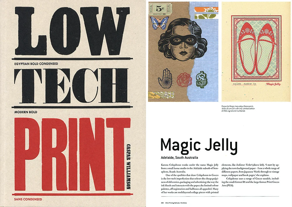 "Karena Colquhoun works under the name Magic Jelly from a small home studio in the Adelaide suburb of Semaphore, South Australia. One of the qualities that drew Colqhoun to Gocco is the low-tech imperfection that echoes the cheap pulpiness of old comics, packaging and advertising; the way the ink bleeds and interacts with the paper, the limited colour palette, off-registration and halftones all appealed. Many of her works are multilayered collage pieces with printed elements, like Indiana Ticket . 'I start by applying the torn background paper - I use a whole range of different papers, from Japanese Washi through to vintage maps, wallpaper and book pages,' she explains. Colquhoun uses a range of Gocco models, including the small-format B6 and the large-format Print Gocco Arts (PG6)."