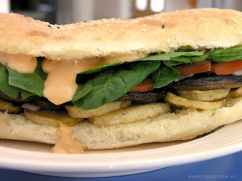 Sauteed field mushrooms, roast potato, tomato, onion and baby spinach with homemade chipotle mayonnaise on Turkish bread.