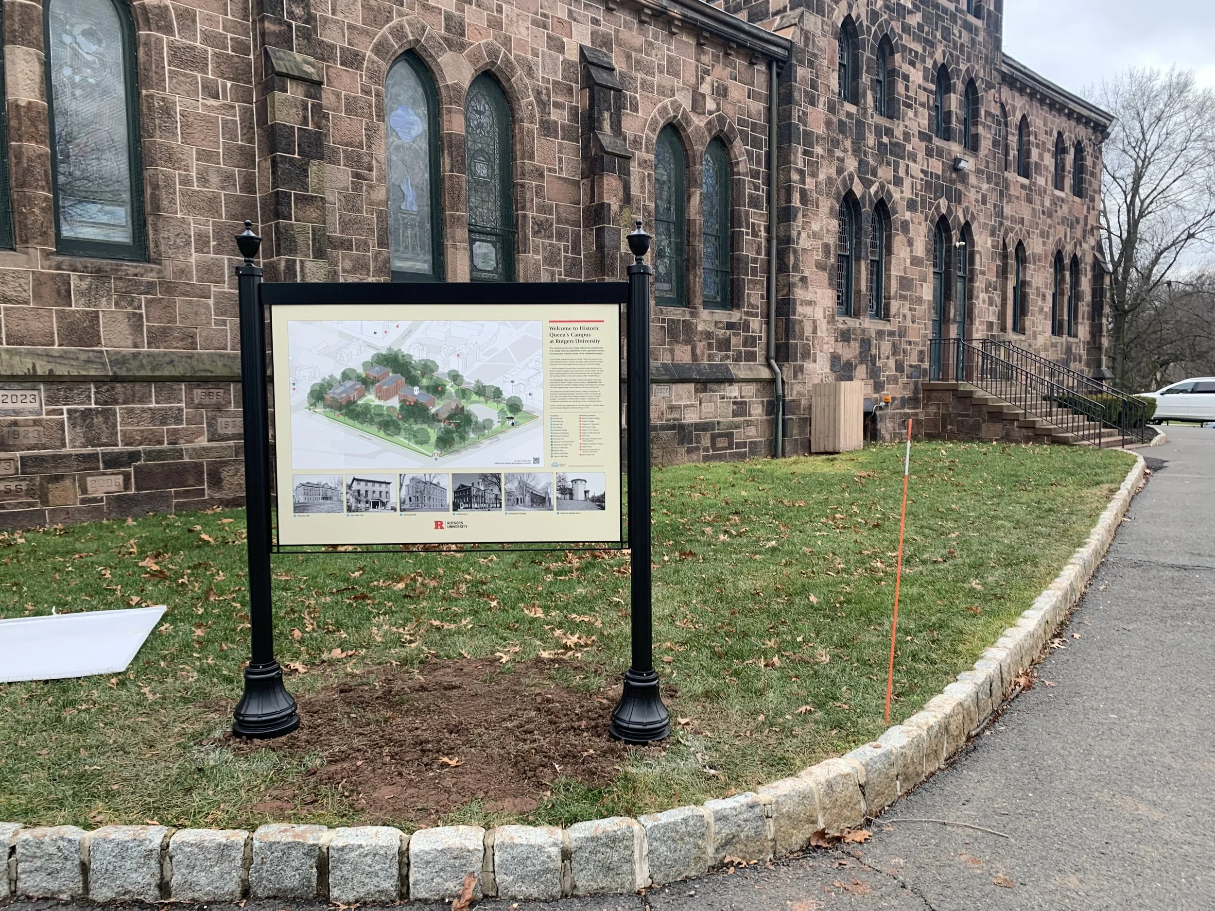  Photo of installed large interpretive sign outside of Kilpatrtick Chapel. 