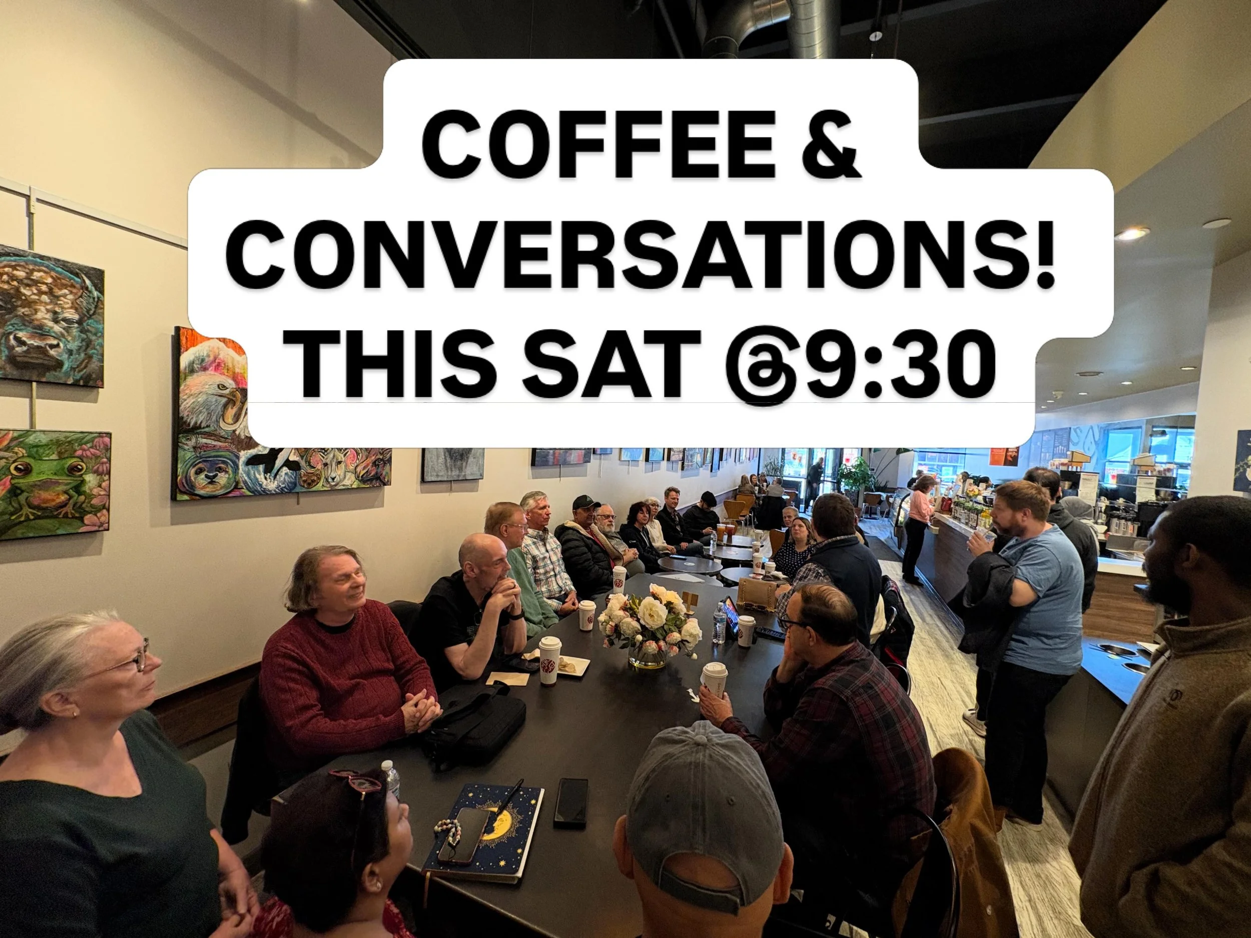 Join us this Saturday 9:30&ndash;11 for Coffee &amp; Conversations @sweetwaterscoffeetea in Naperville. OPEN TOPIC: You bring the questions! #naperville https://meetu.ps/e/Q02xr/gLNbd/i
