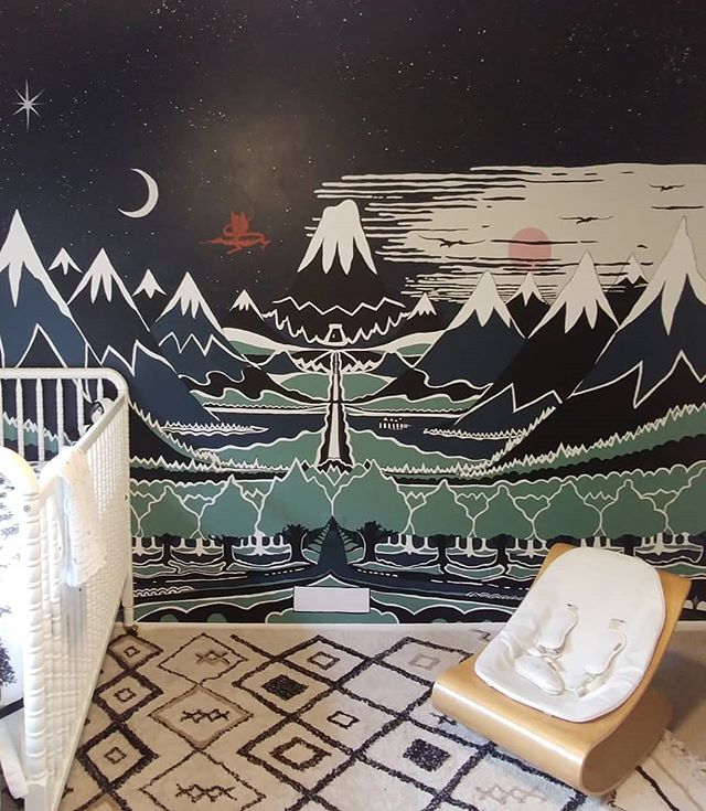 We've been secretly working on a personal project for a while... our nursery! Baby Hickey will be joining us this fall. 
Here's a sneak peek of the mural we painted: our adaptation of the cover art JRR Tolkein painted for his first edition of The Hob