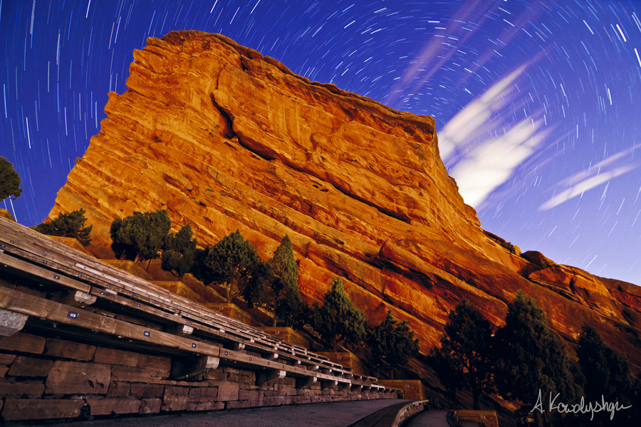 Creation Trails - Star Trails wrap around Creation Rock at Red Rocks Amphitheater in Morrison, CO (Andrew Kowalyshyn)