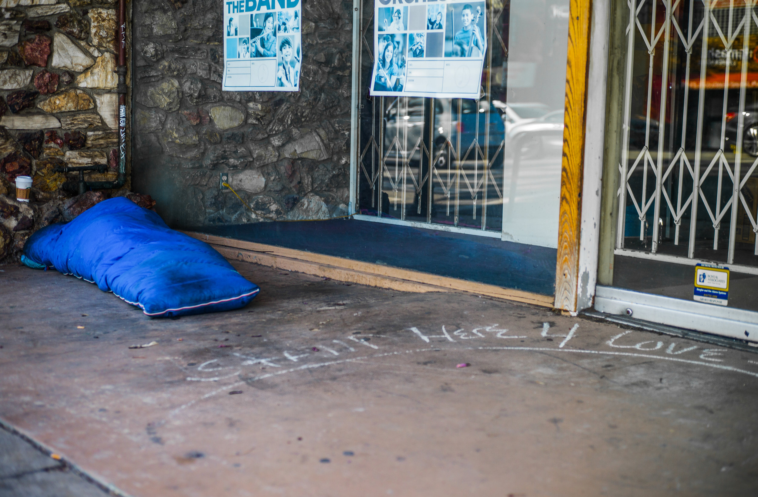  One a cold winter night, Nic found a spot to sleep in front of a musical instrument shop along Ventura Blvd. On most nights he prefers to sleep along an area with a soft strip of astroturf near Van Nuys Blvd. 