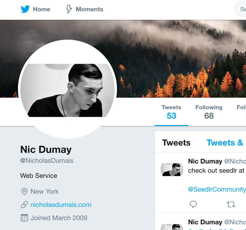  Nic Dumay’s Twitter page features a photo of his former self; clean shaven, combed hair, and a website link that he used to market his graphic design skills. His website is no longer working. 