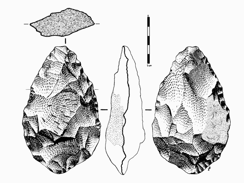 Fully functional hand-axe is modeled from a typical Acheulean stone tool found in Zamora, Spain.