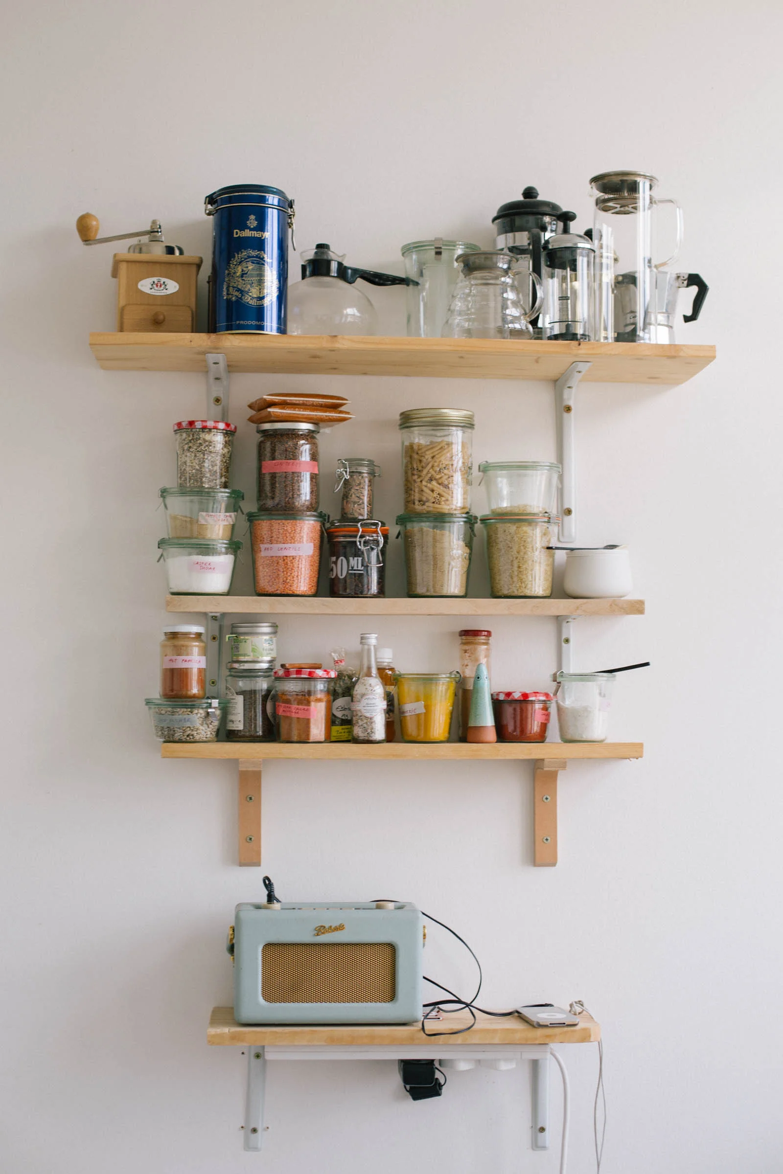 Spice shelves and a radio & charging station, built by my boyfriend.