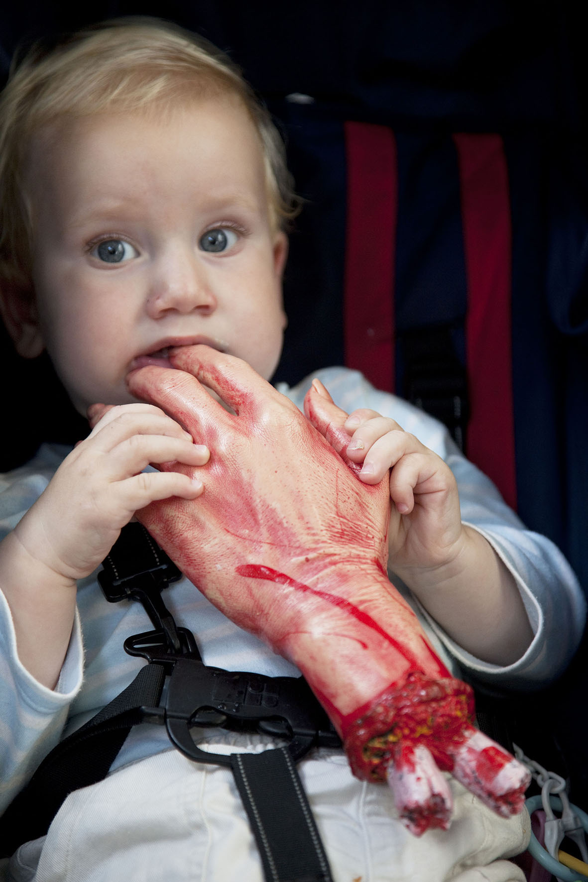  A young protester at the Stoke Newington Zombie-a-thon&nbsp;plays with a joke severed hand. 