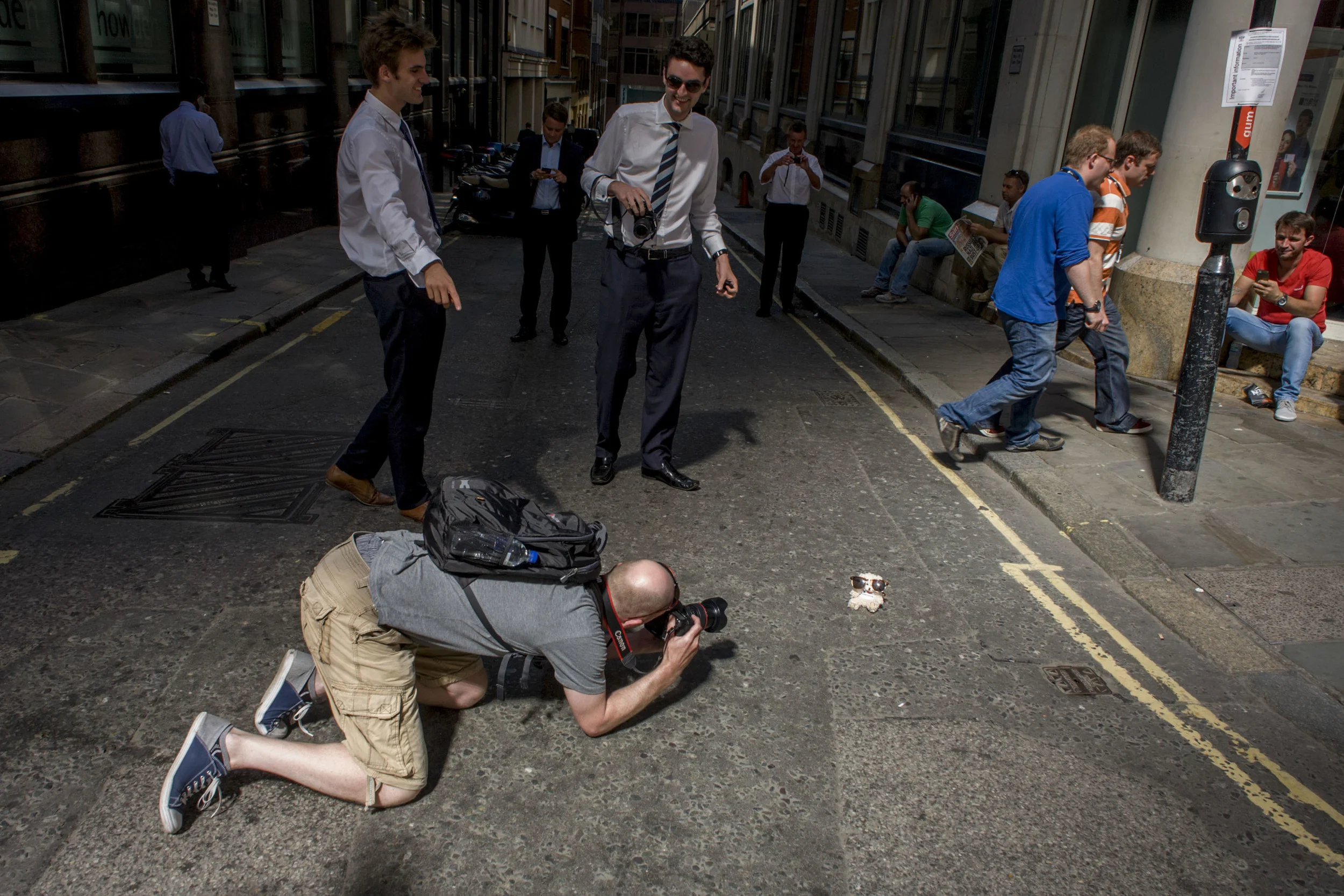 On assignment photographing a teddy bear in sunglasses, while covering the Walkie Scorchie building story. Picture: Richard Baker / In Pictures