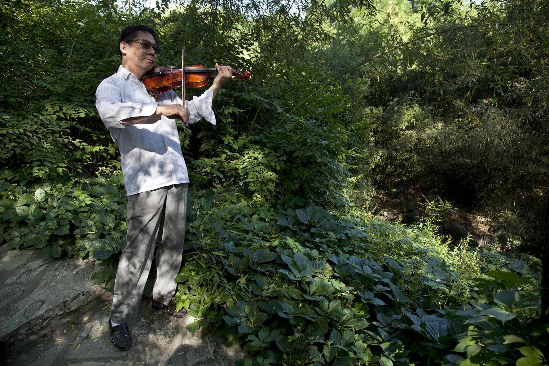  Man playing the violin in Zizhuyuan Park. 