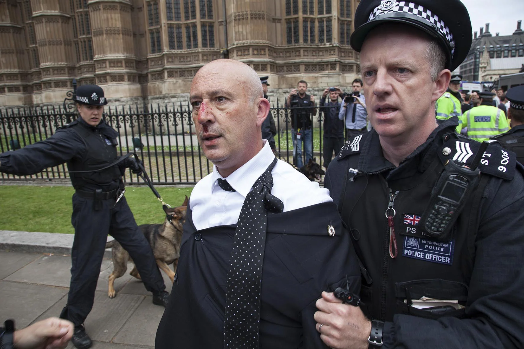 Clifford le May a member of the BNP from Croydon with a bloodied face after being beaten by anti-fascist protesters.