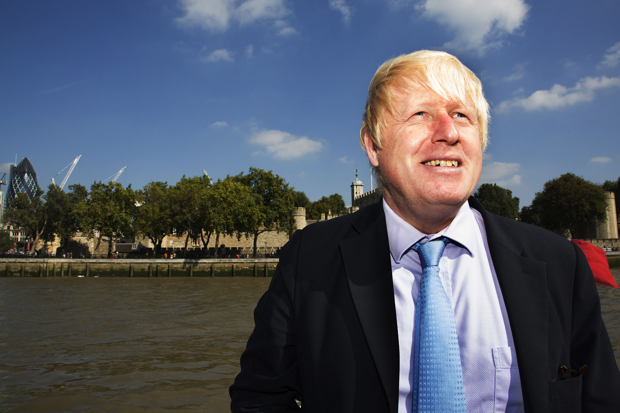  London Mayor Boris Johnson travelling down the River Thames.  For Totally Thames.  