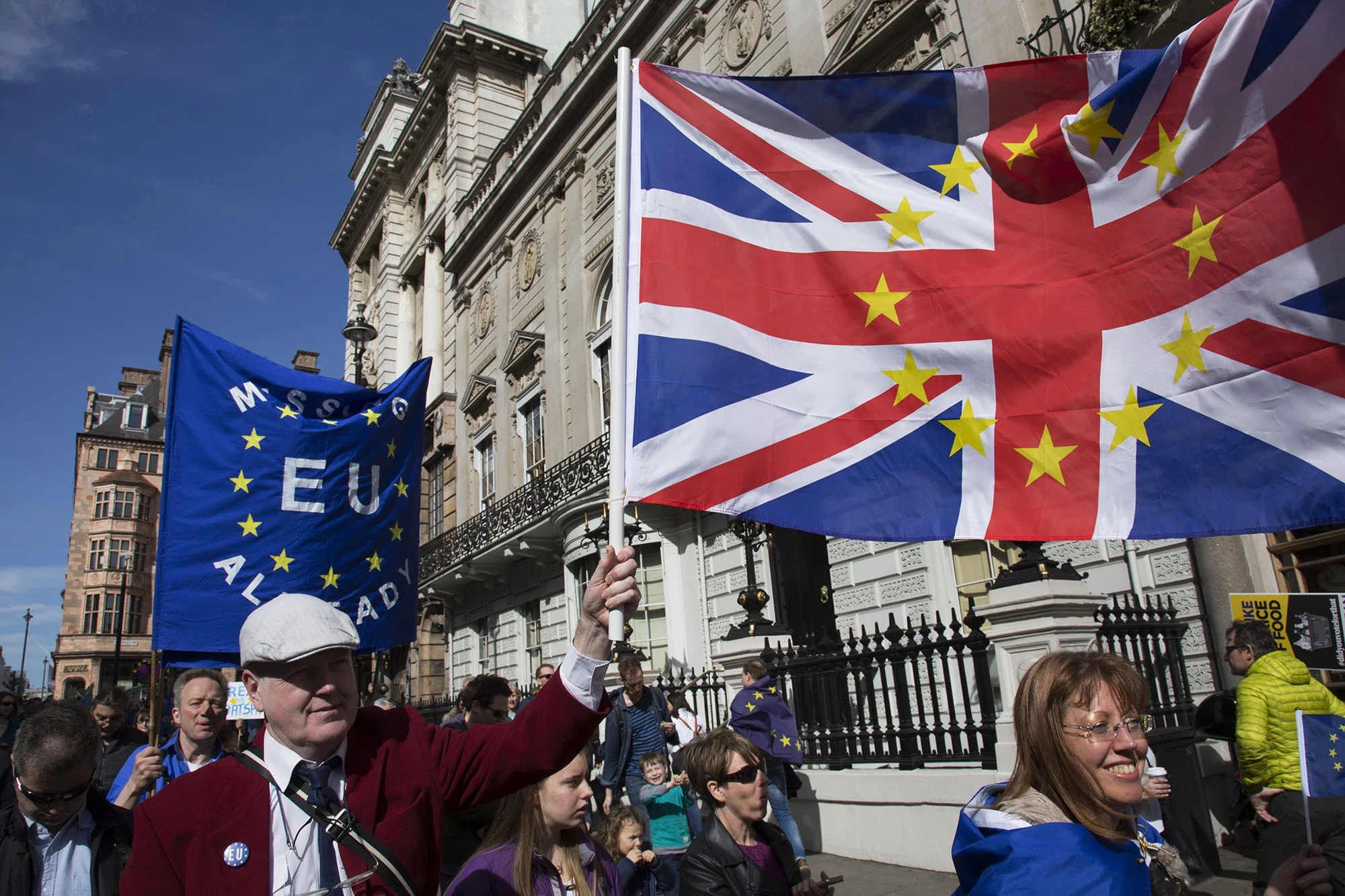 Thousands of people protest in the Unite for Europe March on Parliament against Brexit demonstration on 25th March 2017.