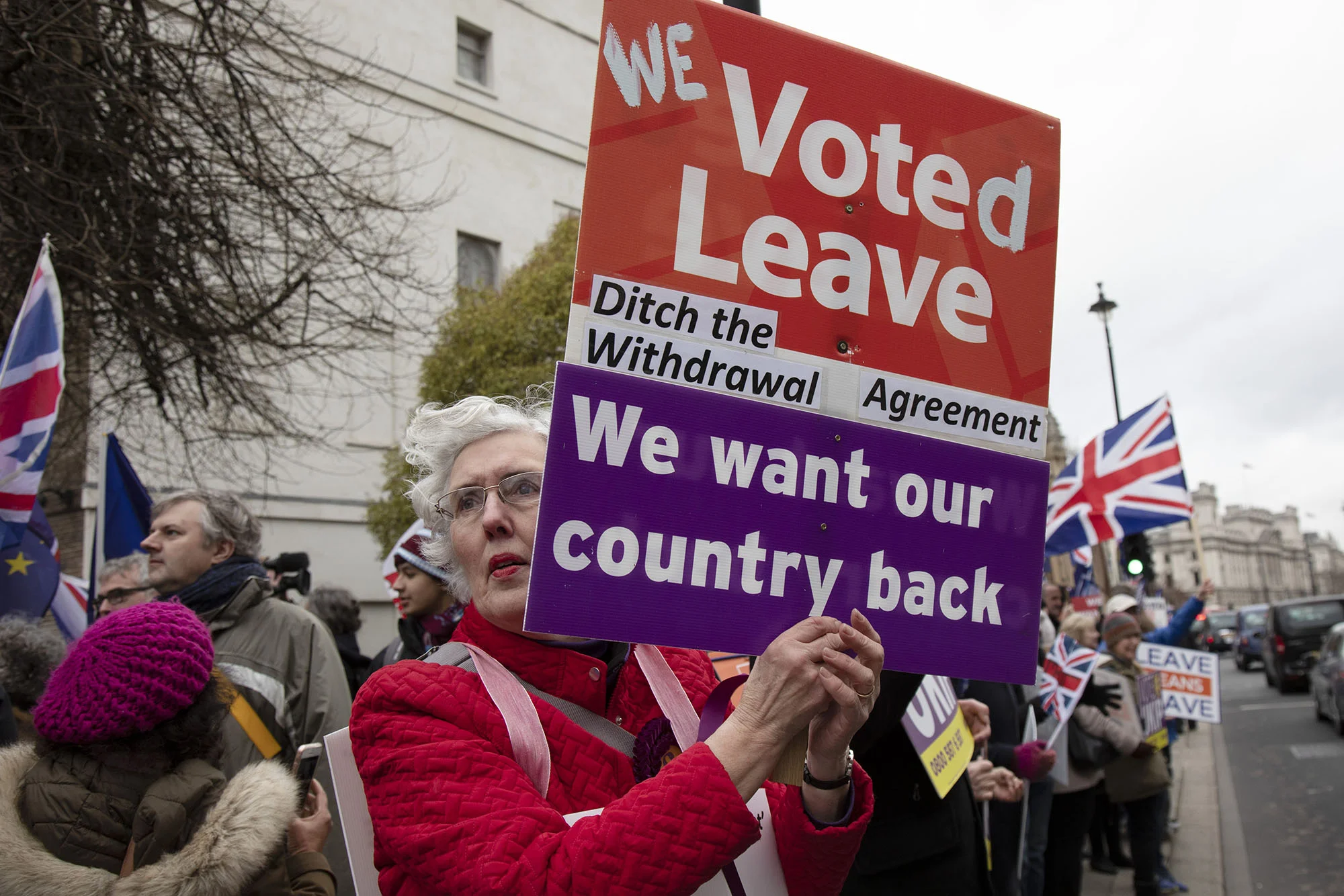 Vote Leave supporter on the day of the first ‘meaningful vote’ when MPs will back or reject the Prime Minister’s Brexit Withdrawal Agreement on 15th January 2019.