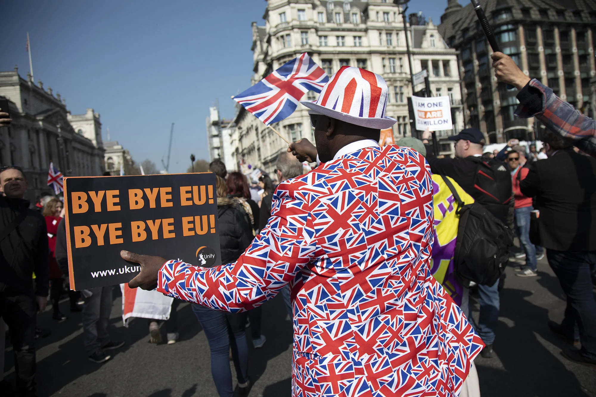Thousands of Leave supporters gathered in Parliament Square to protest against the delay to Brexit, on the day the UK had been due to leave the EU on 29th March 2019.